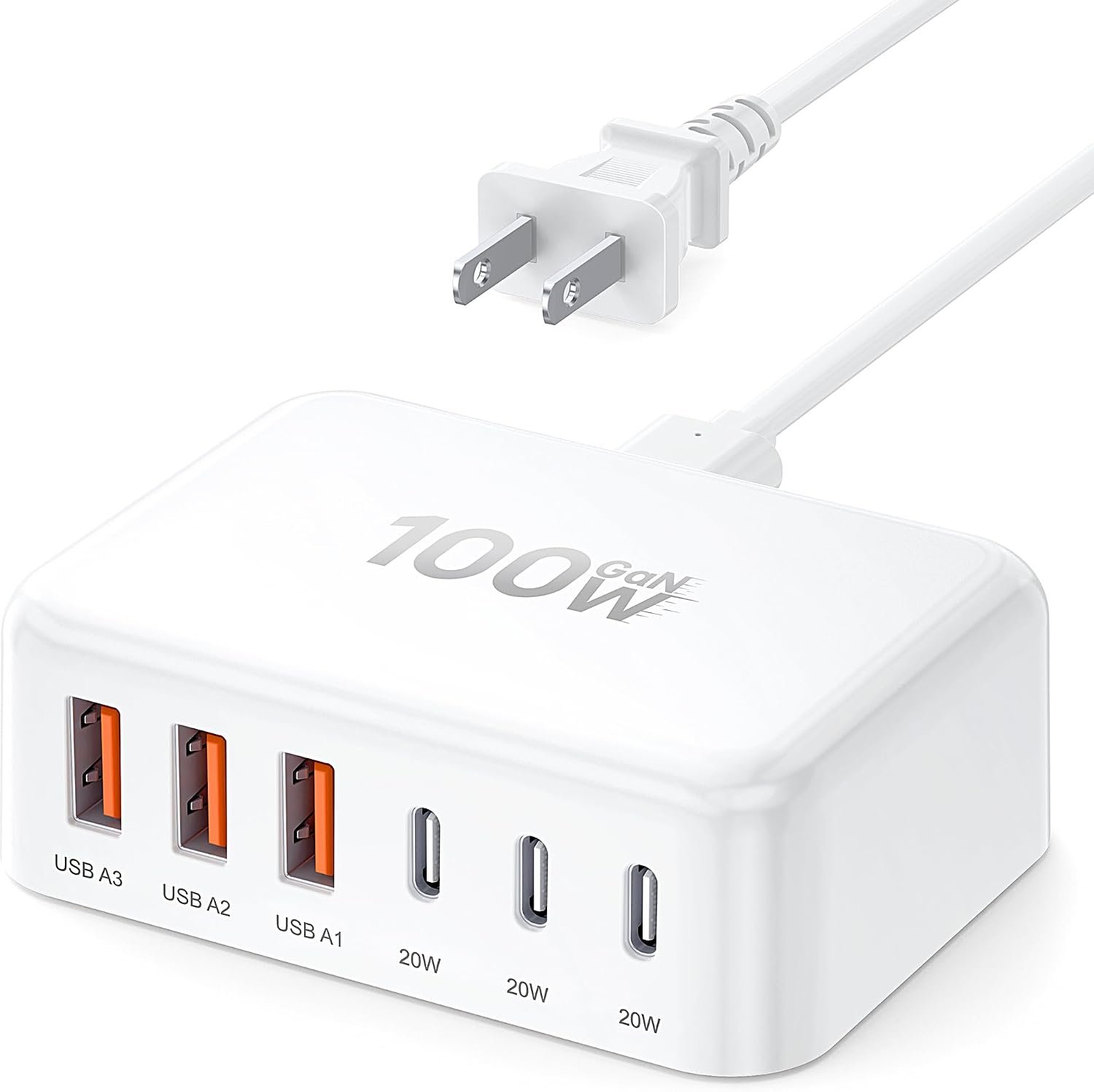 [2026 Updated] USB C Fast Charger, 100W GaN 6 Port Type C Charging Station Hub Block Cube, USB C Wall Charger Power Strip Adapter Plug for iPad iPhone 17 16 15 14 Pro Max Pixel Note Galaxy, 5ft Cord