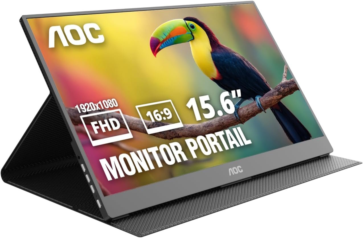 AOC 16″ Portable Monitor FHD 60Hz USB-C IPS Ultra Slim Smart Cover 16T20 | 1920×1080 Computer Monitor, USB-C, Mini HDMI, Built-in Speakers, Smart Cover, Ultra Slim, VESA Mount, Low Blue Light