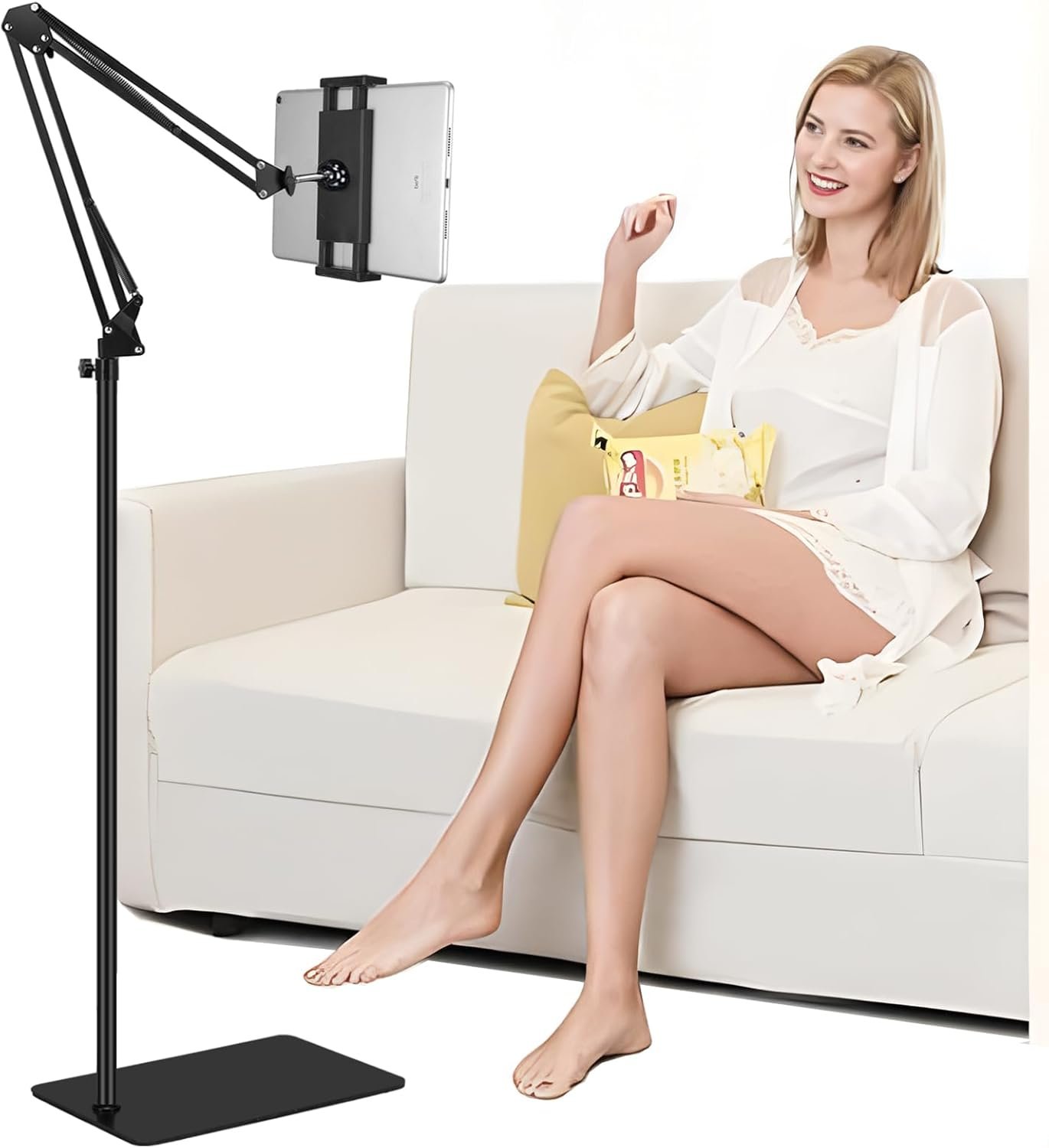 Tablet Floor Stand with 6LB Weight, Overhead Bed phone Stand Angle Height Adjustable Arm Stretchable Stand Holder, Compatible with iPhone iPad Mini Air Pro, Galaxy Tab, Kindle, E-Readers,all Phones