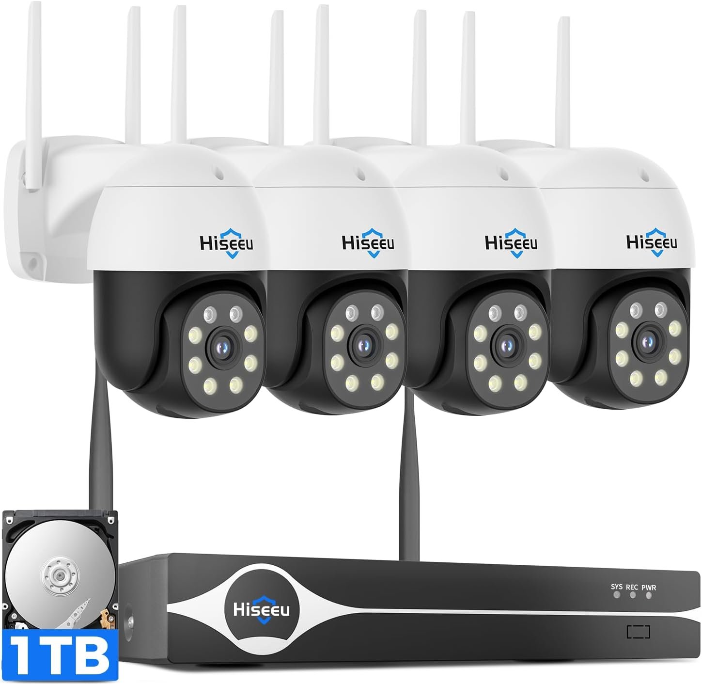 Hiseeu 4K Security Cameras Wireless Outdoor, 8MP 4-Cam Kit, 1T HDD | 5G&2.4G WiFi System for Home Security, Auto Tracking, Pan Tilt, Color Night Vision, Two-Way Audio, 16CH NVR, No Subscription