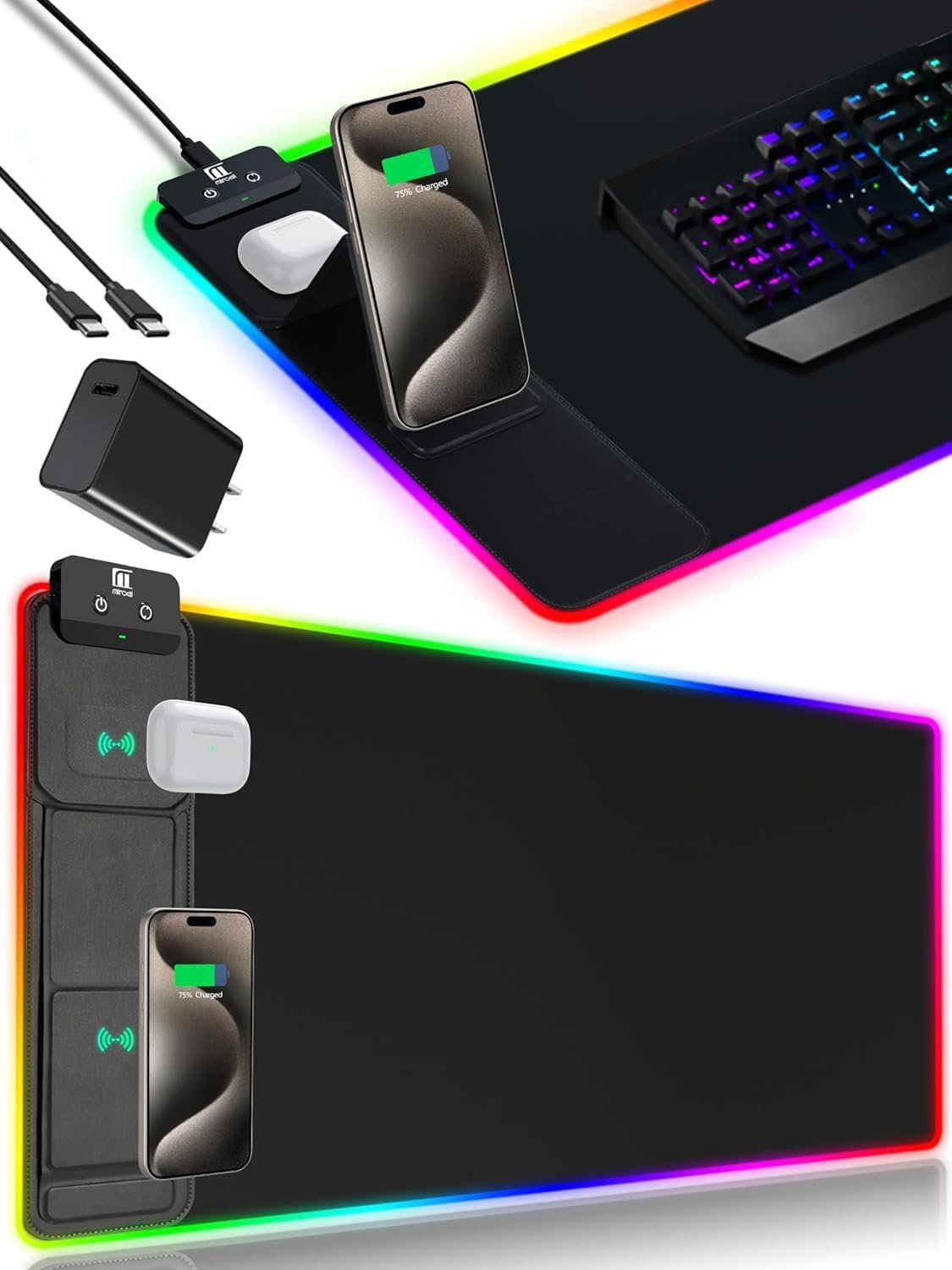 XXL Mouse Pad with Phone Holder – Black, RGB Desk Mat with 15W Fast Charging, LED Gaming Mousepad with 11 Light Colors, Waterproof Non-Slip Pad for Office & Home (Black with PD Adapter)