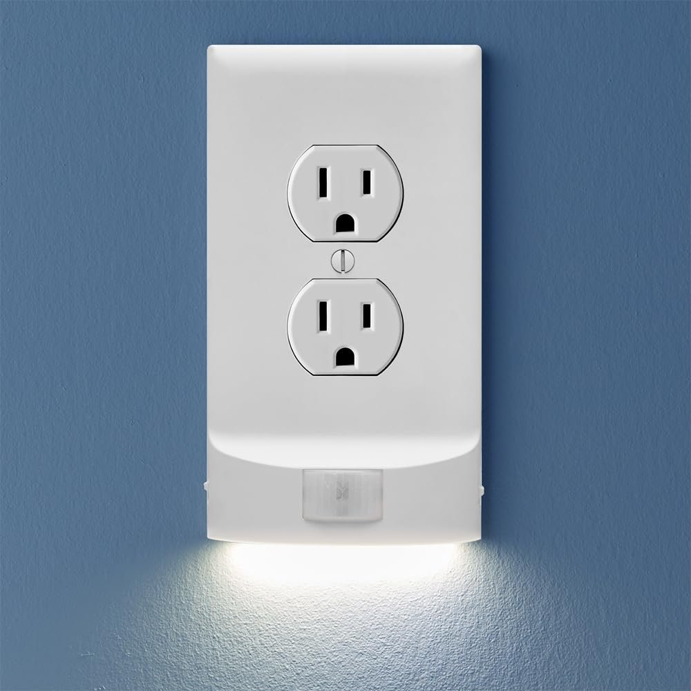 SnapPower Single MotionLight [for Duplex Outlets] – Motion Detecting LED Night Lights Built-in to Wall Plate – Bright/Dim/Off Options – Auto On/Off Sensor – (Duplex, White)