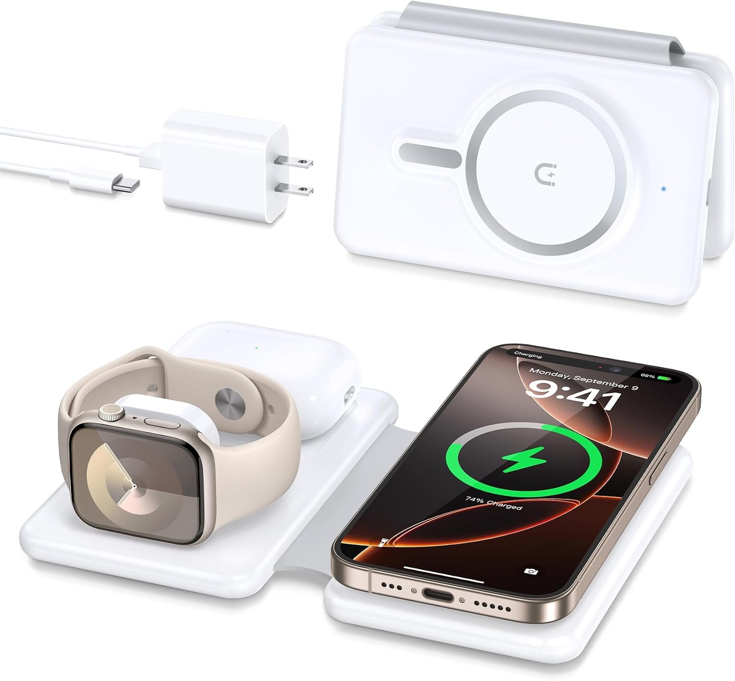 Magnetic Wireless Charger for iPhone: 3 in 1 Travel Charging Station for Apple Devices for iPhone 17 Air 16 15 14 13 12 Pro Max Plus – Foldable Charging Pad for Apple Watch Series & Airpods 4 3 2 Pro