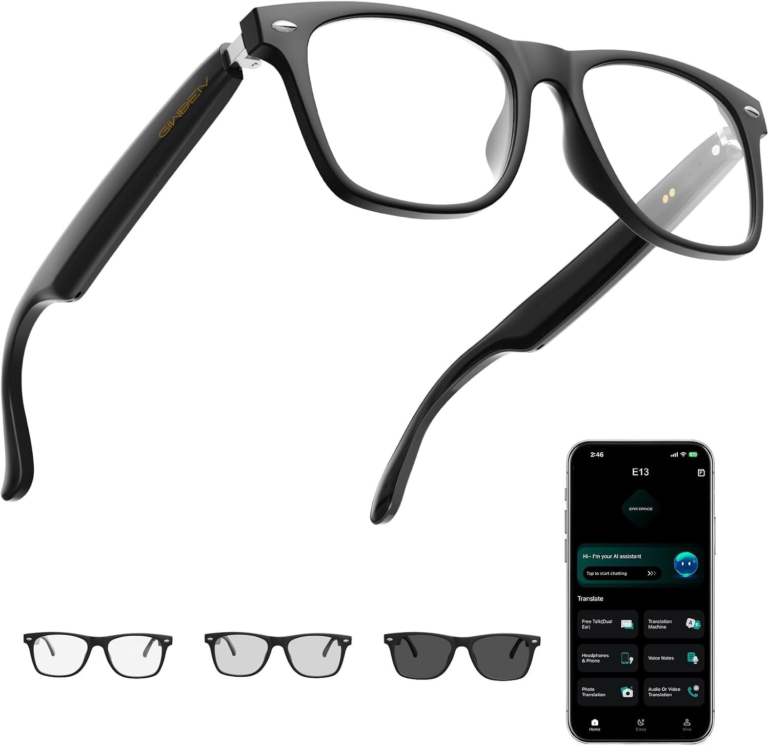 AI Smart Glasses for Men and Women, Bluetooth Translation Glasses | Audio Bluetooth Glasses, 165 Languages, Color-Change Lens, Meeting Analysis, Hands-Free Calls, UV & Blue Light Protection