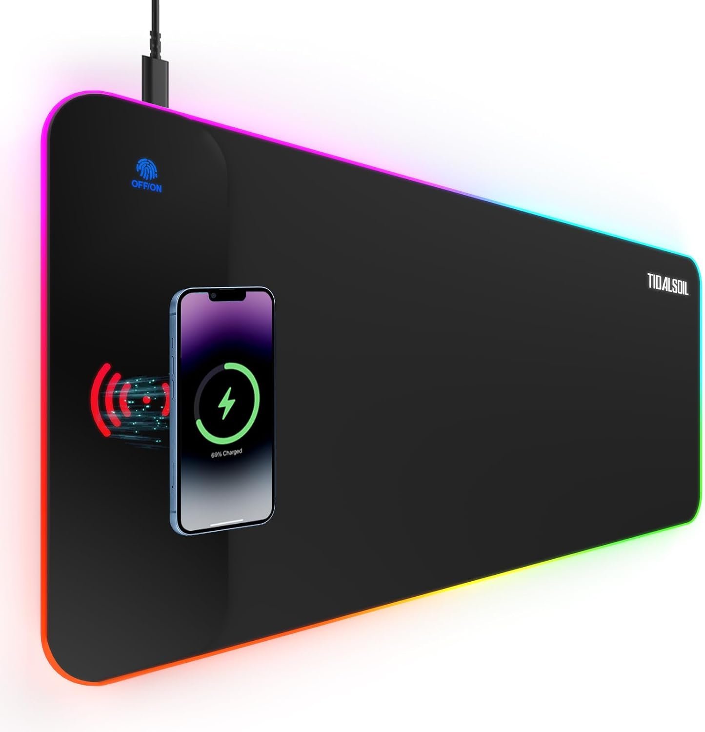 RGB Gaming Mouse Pad with 15W Wireless Charger, 17 Lighting Modes LED Mouse Mat, Extra Large 27.6″x11.8″ Extended Mouse Pad with Non-Slip Base, Type-C Plug & Play, for Keyboard, Mouse, and Phone