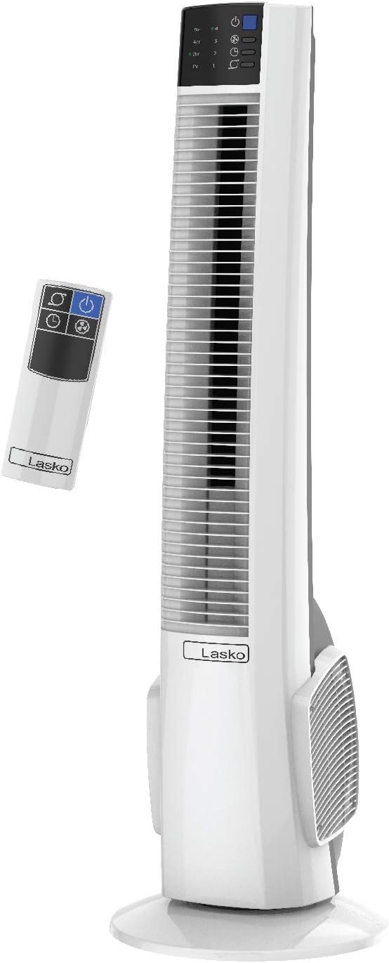 Lasko Oscillating Tower Fan with Remote Control – Tower Fan for Bedroom & Office, 4 Quiet Speeds, 38″ White, T38400
