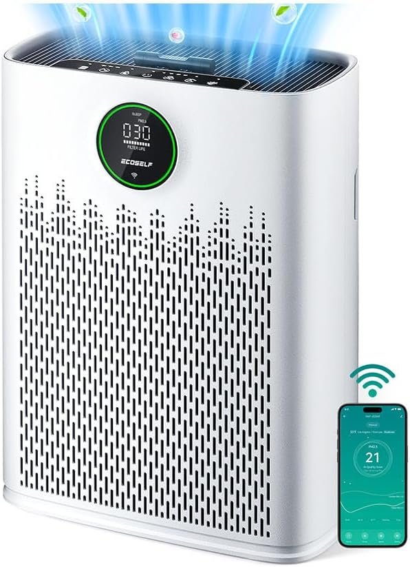 ECOSELF Smart Air Purifier for Home Large Rooms, with WiFi Control, Covers Up to 2400 Ft², Smart Mode, AQI Display, 22dB Sleep Mode with 2X-Power Filtration, HAP603WF, White