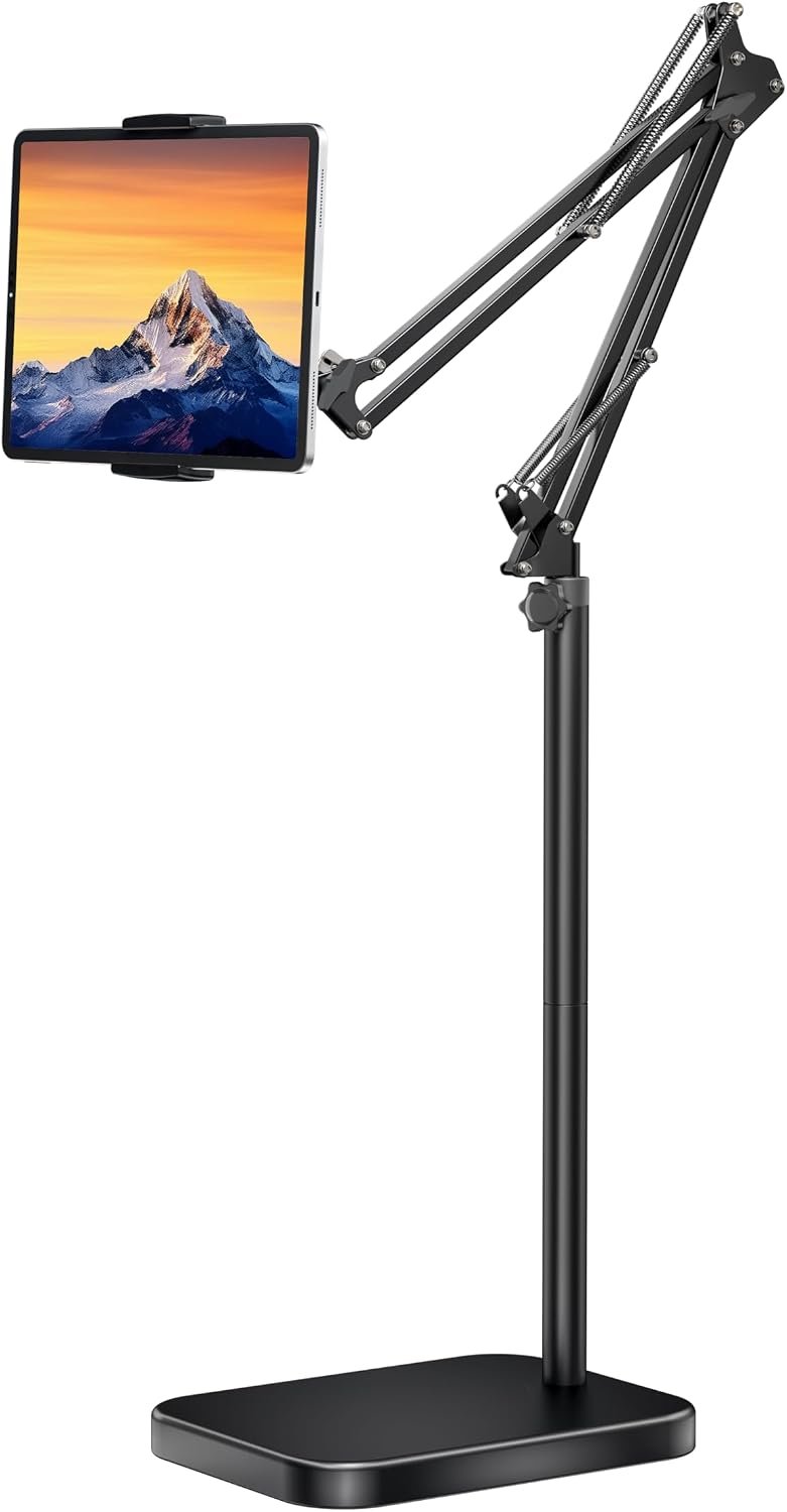 BluuSuuk Tablet Floor Stand with 11lb Stable Base – Adjustable Height Stretchable Arm Swivel Holder Mount, Compatible with iPad Pro Air Mini 12.9/9.7, Kindle, Galaxy Tab, Cell Phones (4.7”-13”)