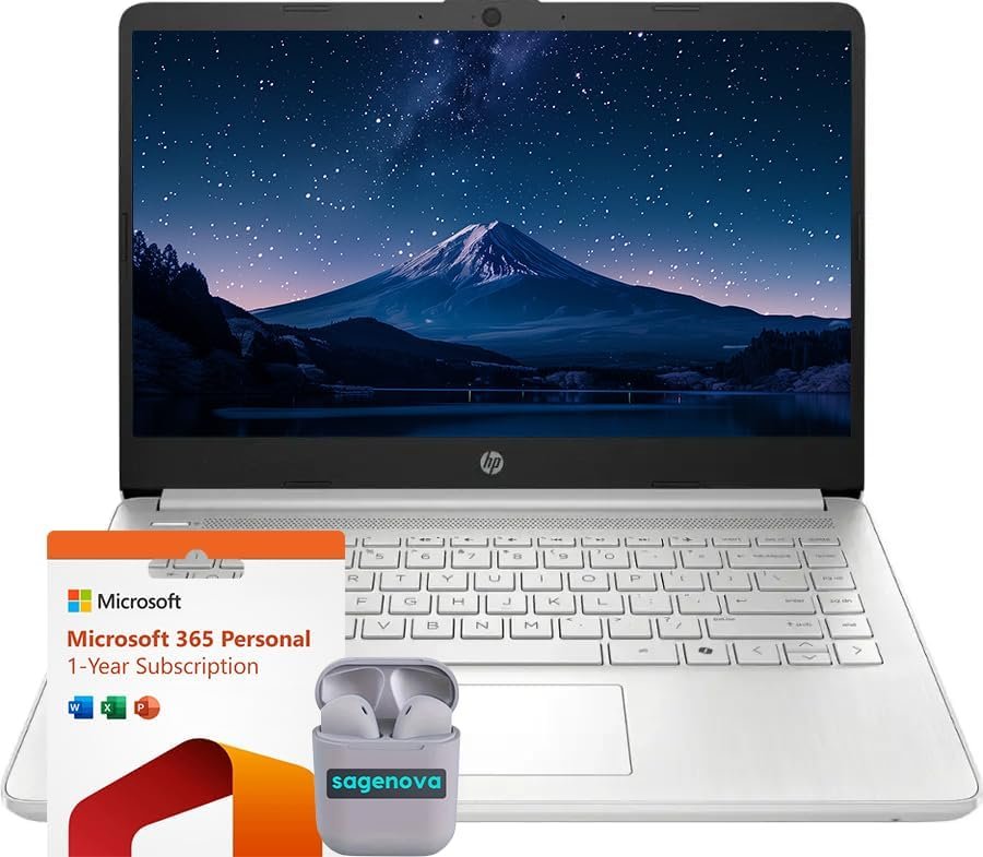 HP 14″ Business Laptop Computer with Microsoft Office 365, 4-Core Intel Processor, 128GB Storage, 4GB RAM, Windows 11, SageNova Earphones, Natural Silver
