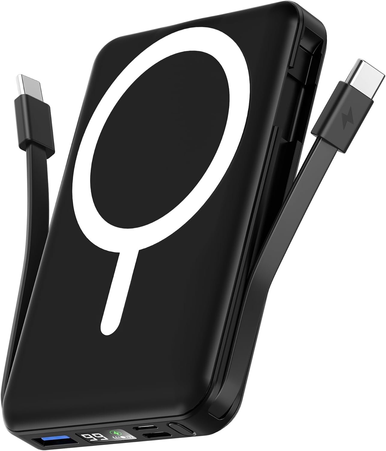 podoru for Magsafe Power Bank, 10000mAh Magnetic Portable Charger | Built-in Double USB-C Cables, 20W PD Fast Charging Wireless Battery pack for iPhone 17/16/15/14/13/12 Series-Black