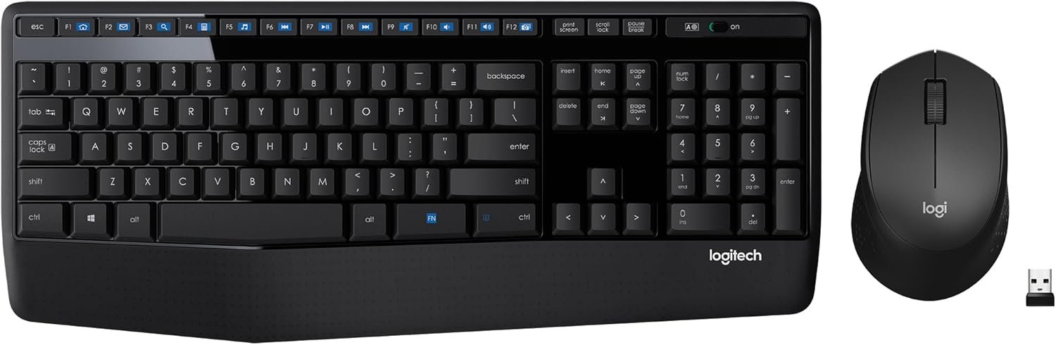 Logitech MK345 Full Size Wireless Keyboard and Mouse Combo – Black | Full size keyboard with integrated palm rest, compact right handed mouse, connect via single included USB-A Nano Receiver