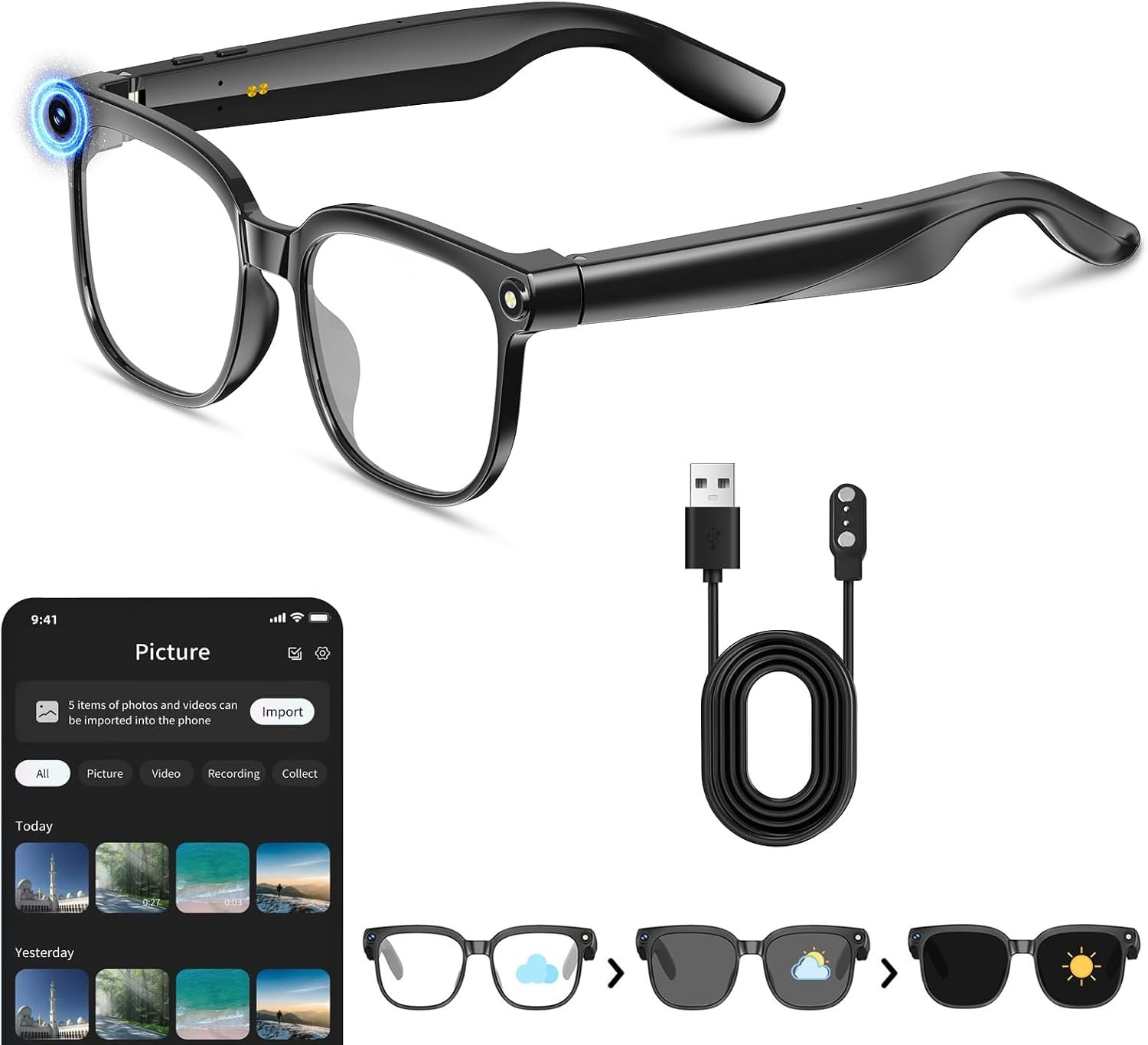 Smart Glasses with Camera, 4K HD Anti-Shake, 8MP Camera Glasses, Real Time Translation, AI Voice Assistant, Object Recognition, Smart Glasses for Men, for Travel/Meetings/Vlog（Photochromic）
