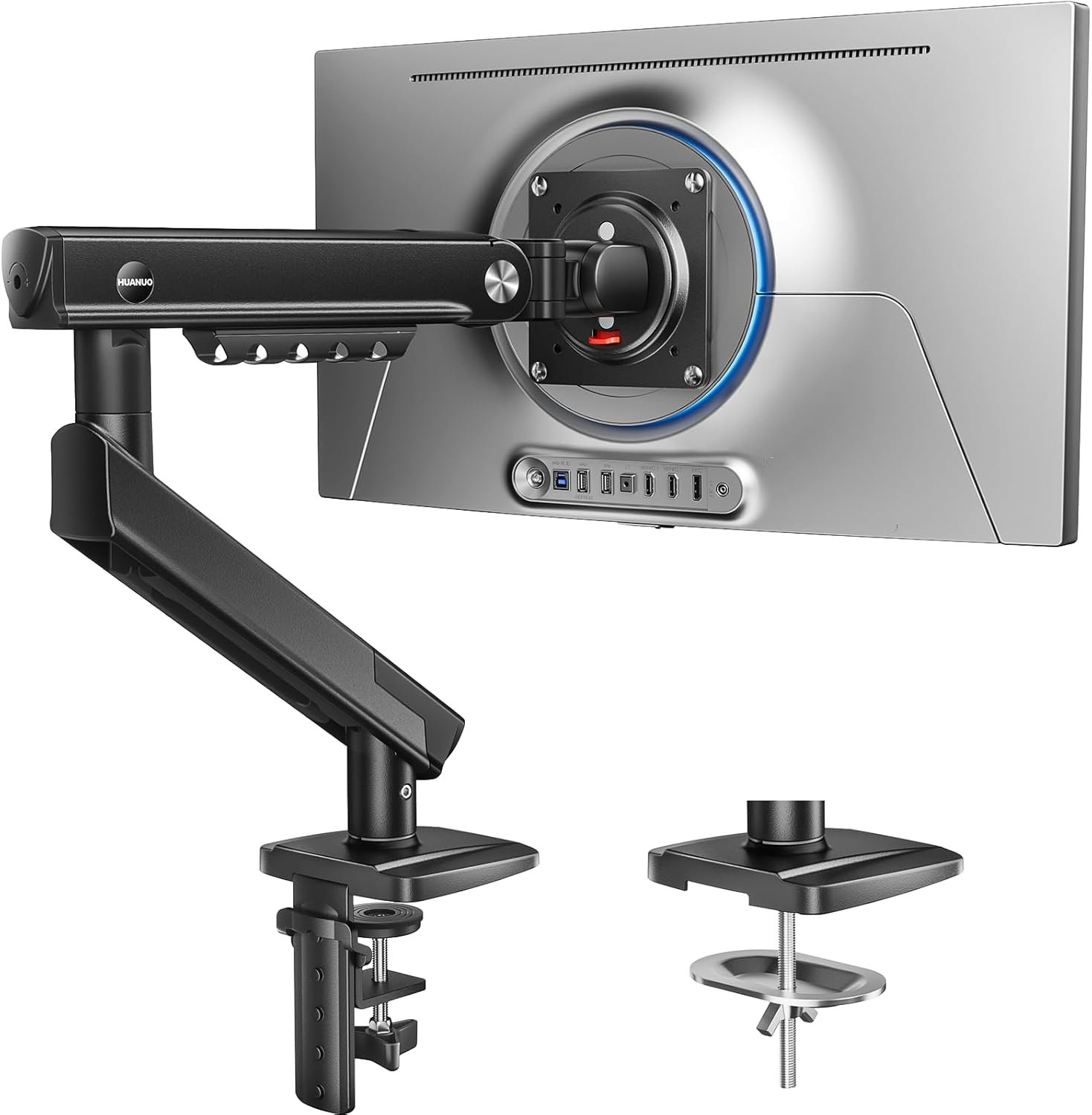 HUANUO FlowLift™ Pro Monitor Arm for 13–32″ Screens, MechaSpring Monitor Mount, Fully-Adjustable Monitor Stand with Tilt/Swivel/Rotation, Tool-Free VESA Mount, C-Clamp/Grommet Base, Max Load 19.8 lbs
