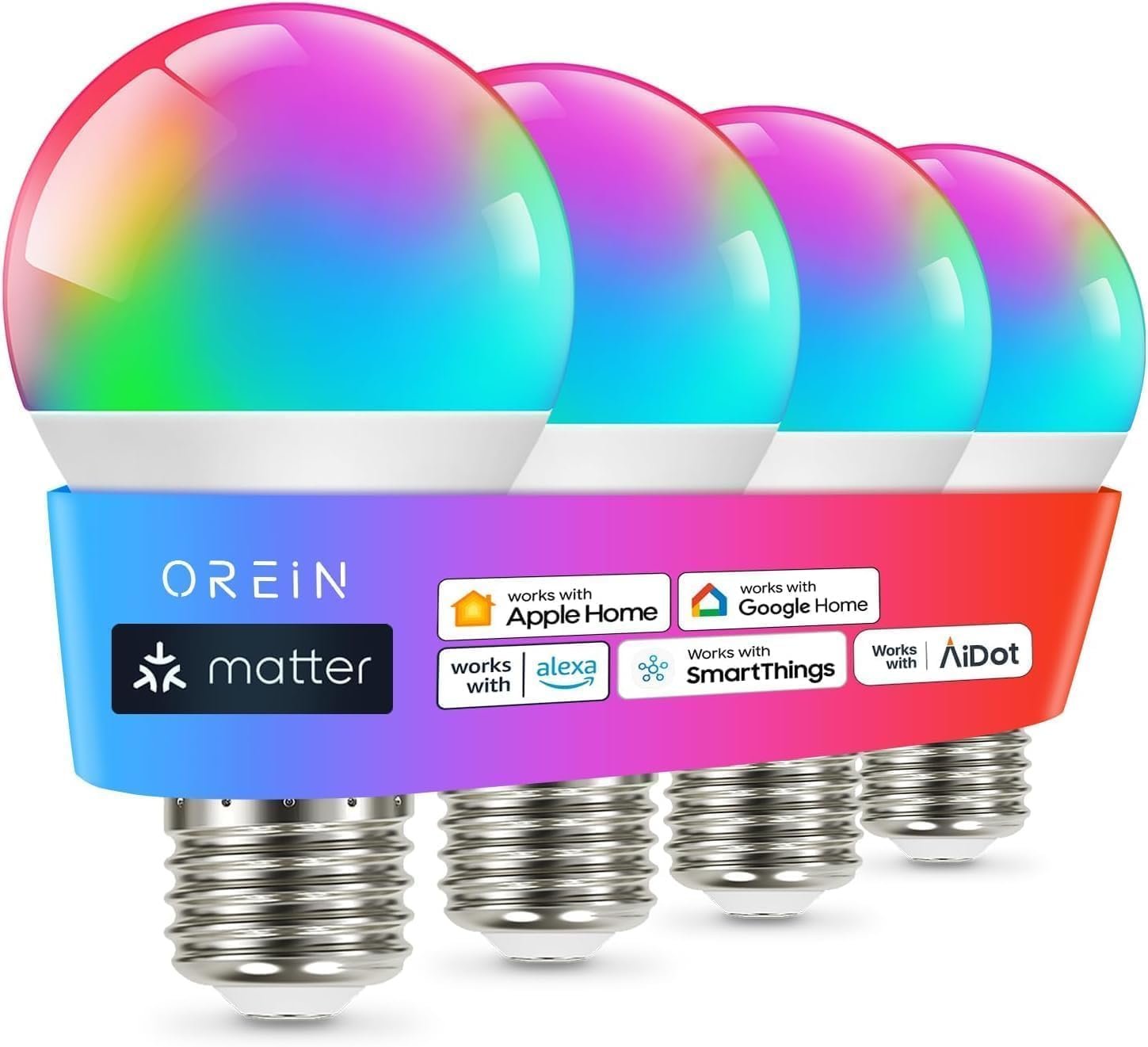 OREiN Matter Smart Light Bulb, A19 RGBTW Color Changing Light Bulbs, 4 Pack | Work with Alexa/Apple Home/Google Home/SmartThings，800lm 60W Equivalent Alexa Light Bulbs, E26 Base 2.4Ghz WiFi LED Bulbs