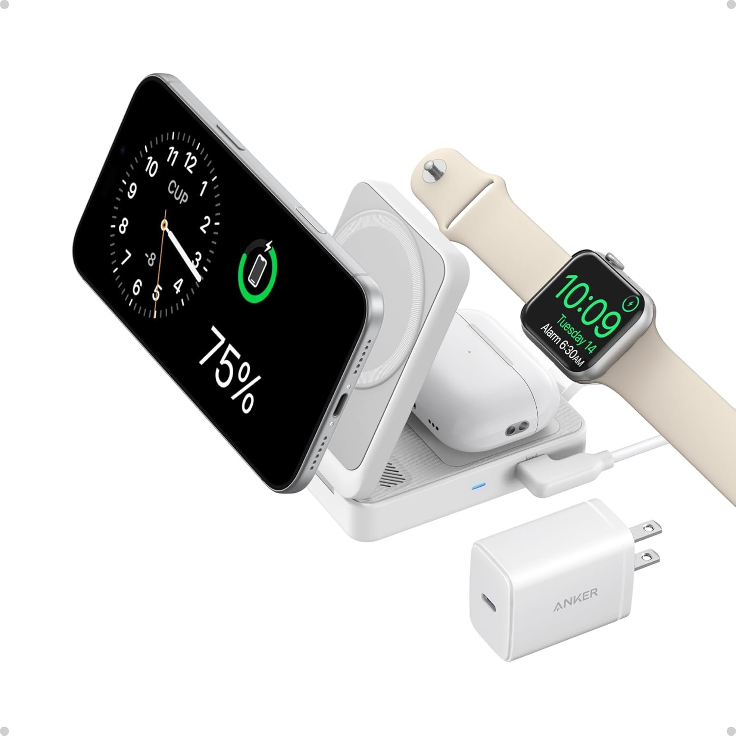Anker MagGo 3-in-1 MagSafe Compatible Qi2 15W Foldable Charging Station | Qi2 Certified Wireless Charging Stand, for iPhone 17 / 16 / 15 / 14 Series, AirPods, Apple Watch Ultra (Adapter Included)