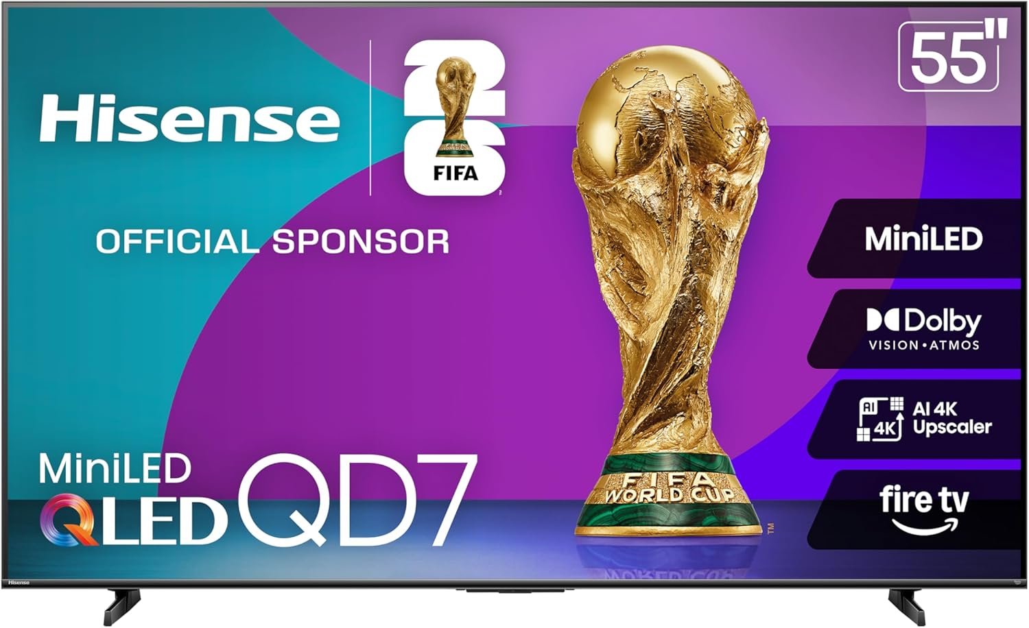 Hisense 55″ Class QD7 Series Mini-LED 4K UHD Smart Fire TV (55QD7QF, 2025 Model) – QLED, HDR10+, Dolby Vision, Dolby Atmos, Game Mode Plus, ALLM, Alexa Built in with Voice Remote, Streaming TV, Black