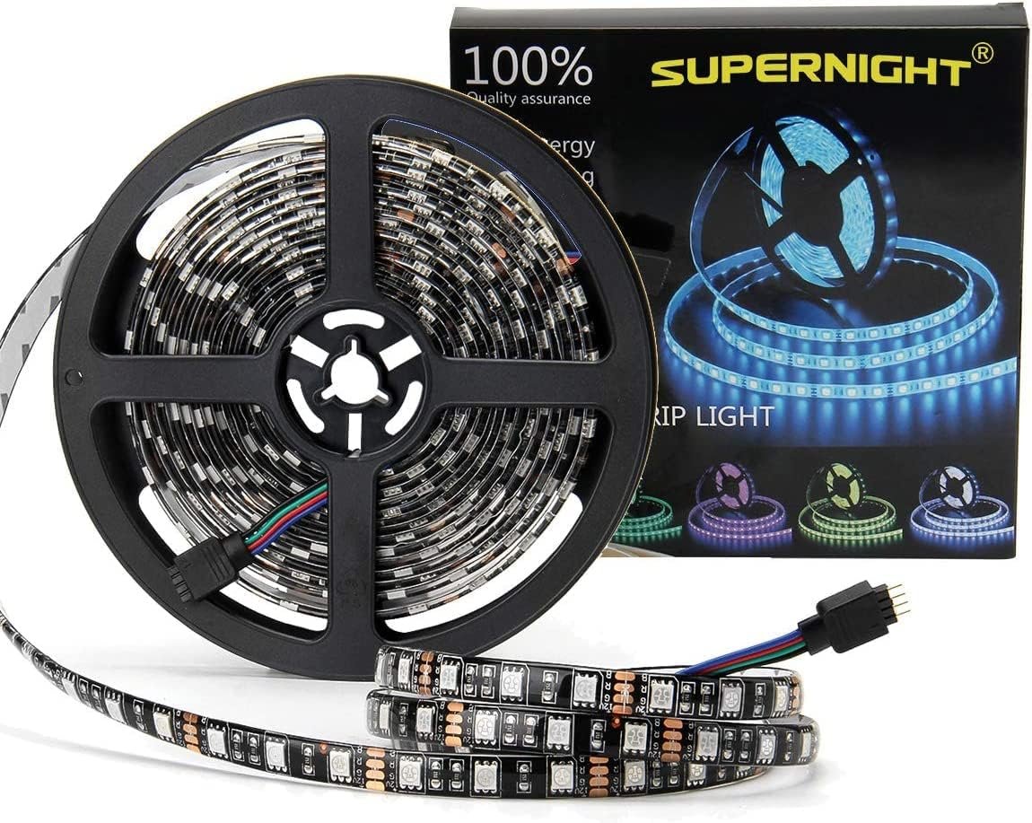 SUPERNIGHT Waterproof RGB LED Light Strip, 16.4ft 300LEDs for Bedroom | Color Changing, Cuttable, Flexible, 5M SMD 5050, for TV Back Lighting, Christmas, Valentine’s Day, Black PCB