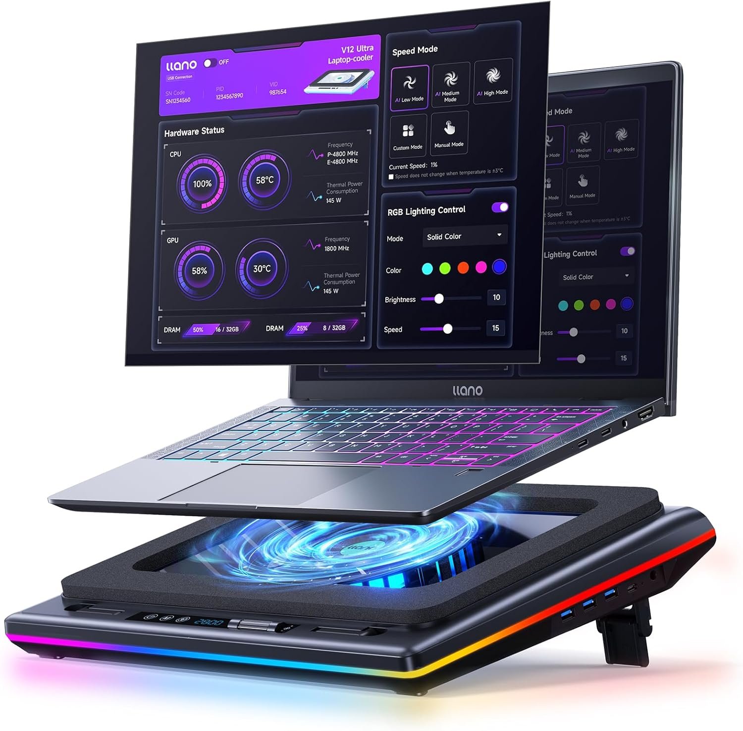 llano V12 Ultra Laptop Cooling Pad with Smart Software Control Laptop Fan | Laptop Stand RGB, 5.5″ Turbo Fan, Adjustable Speed, 3-Port USB 3.0 Hub, 3 Height Stands, for 15.6″-19″ Gaming Laptops, Black