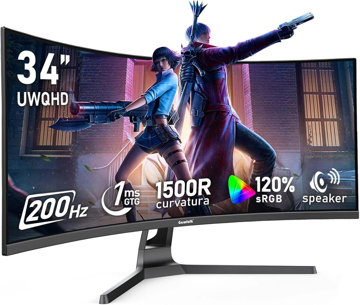 Gawfolk 34 Inch Ultrawide Curved 200Hz Gaming Computer Monitor,1500R PC Screen 21:9 UWQHD (3440×1440),120% sRGB,Adaptive Sync,Built-in Speaker,Display Port、HDMI,Compatible with Wall mounting -Black