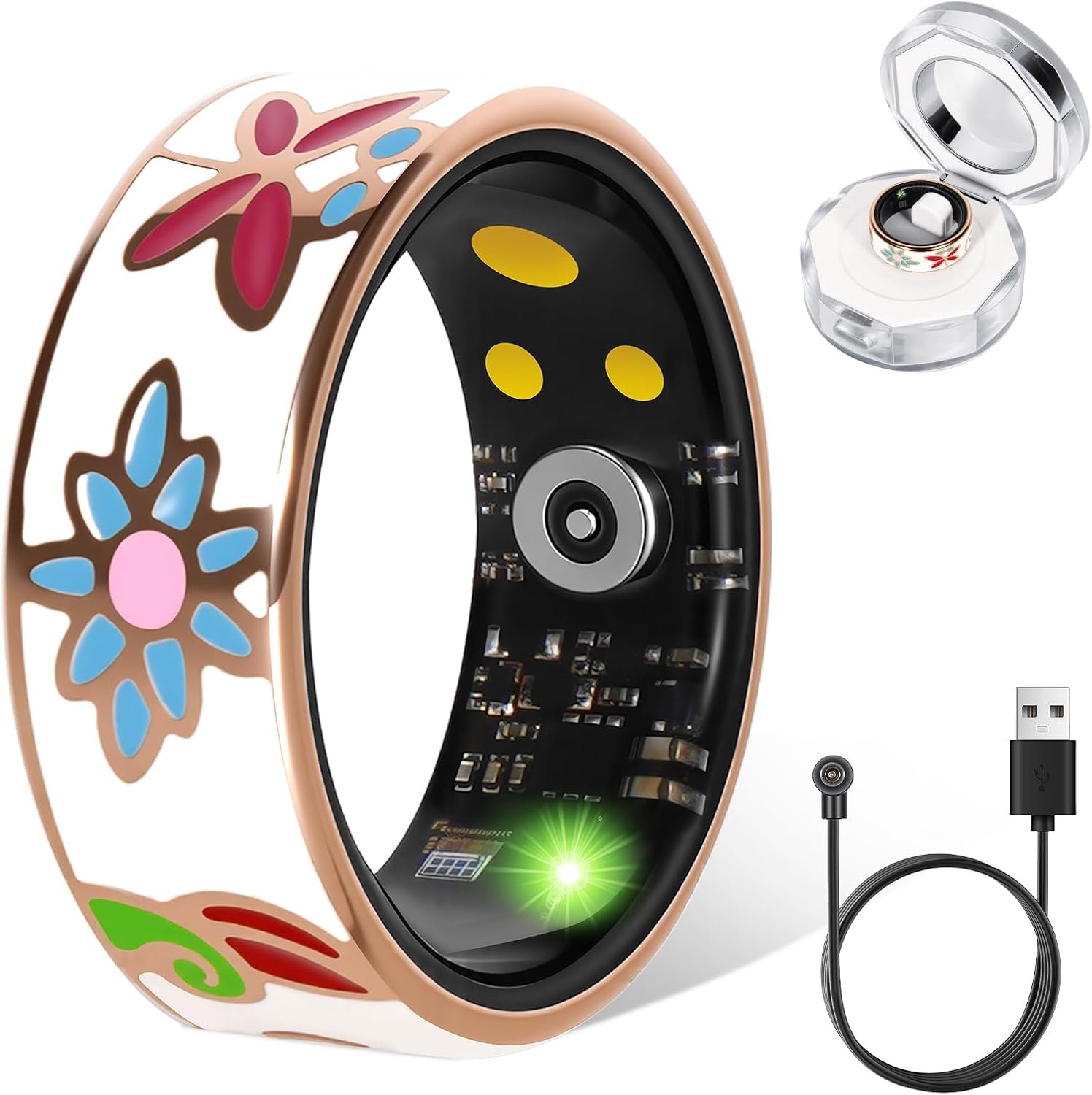 Smart Ring for Women Fitness Tracker with Heart Rate, SpO2, Blood Pressure & Sleep Monitoring, IP68 Waterproof, Long Battery Life, No Monthly Fees, for iPhone Android (8#&Floral)