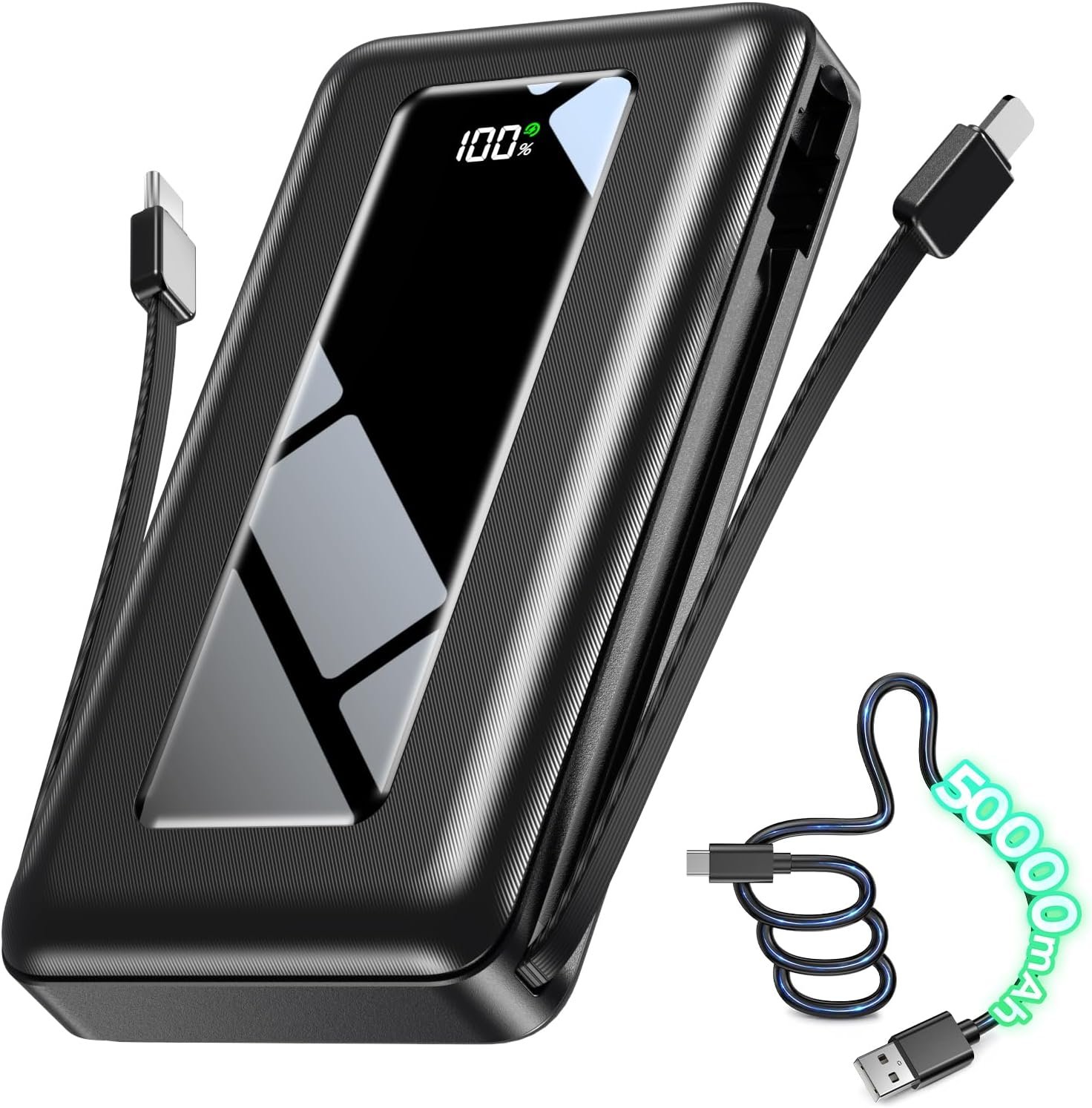 Portable Charger Power Bank 50000mAh, Ultra-High Capacity Battery Pack with Built-in Cables, 22.5W Fast Charging, LED Display, Flashlight, Travel Essential for Outdoor Camping, iPhone & Samsung, Onyx