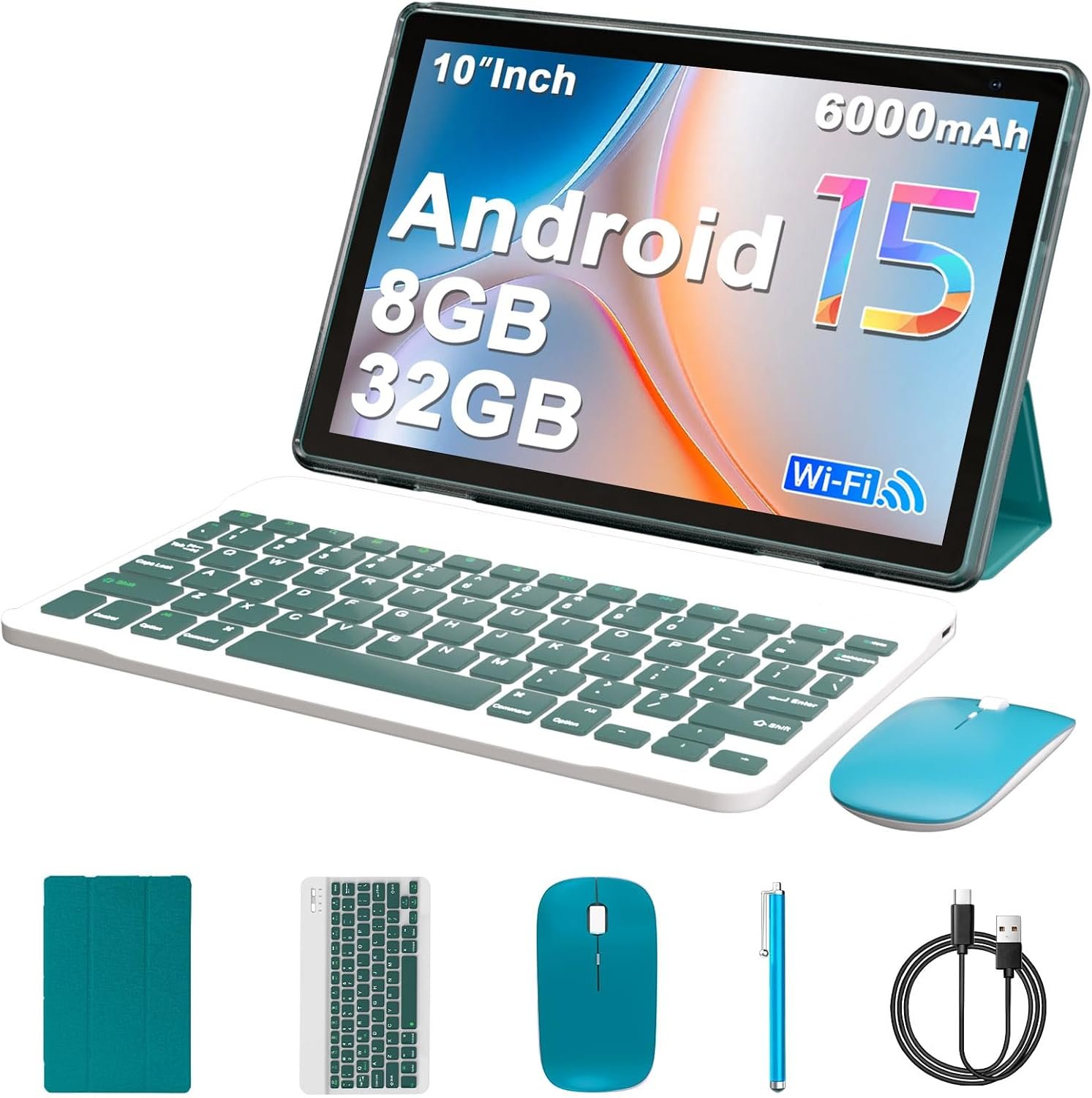 Android 15 Tablet 10 inch Tablets, 8GB RAM 32GB ROM 1TB Expand, 2 in 1 Tablet with Keyboard Case Mouse Stylus, 5G WiFi, BT5.0, 6000mAh, 1280×800 HD IPS Screen, 8MP Dual Camera, GMS, Widevine L1, Navy