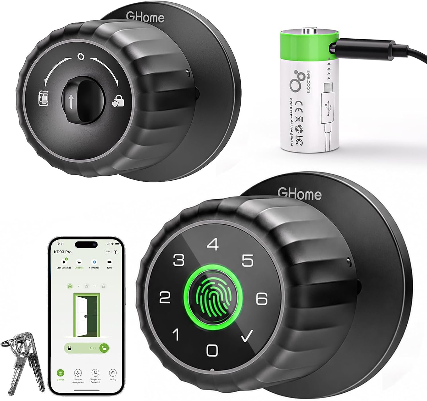 Fingerprint Door Lock, 4-in-1 GHome Smart Lock for Bedroom, Home, Apartment & Office, Smart Keyless Entry Door Lock with Code, App Control & Keys, Easy to Install Black Interior Door Knob with Lock