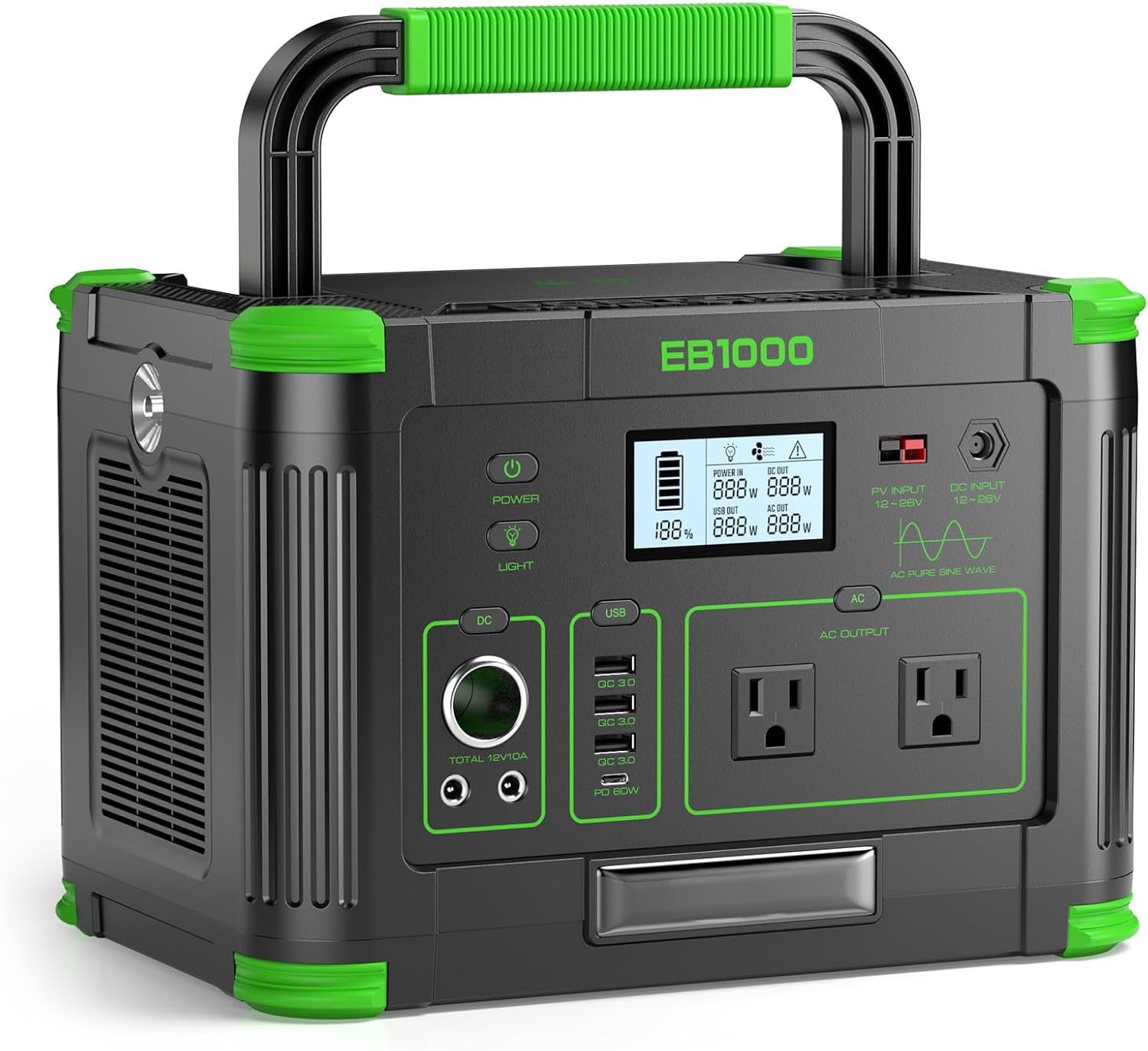 GRECELL 999Wh Portable Power Station 1000W for Outdoor & Home Backup | Solar Generator 10 Ports with 60W USB-C PD Fast Charging, Pure Sine Wave AC for Camping RV Van Off-Grid Living Emergency