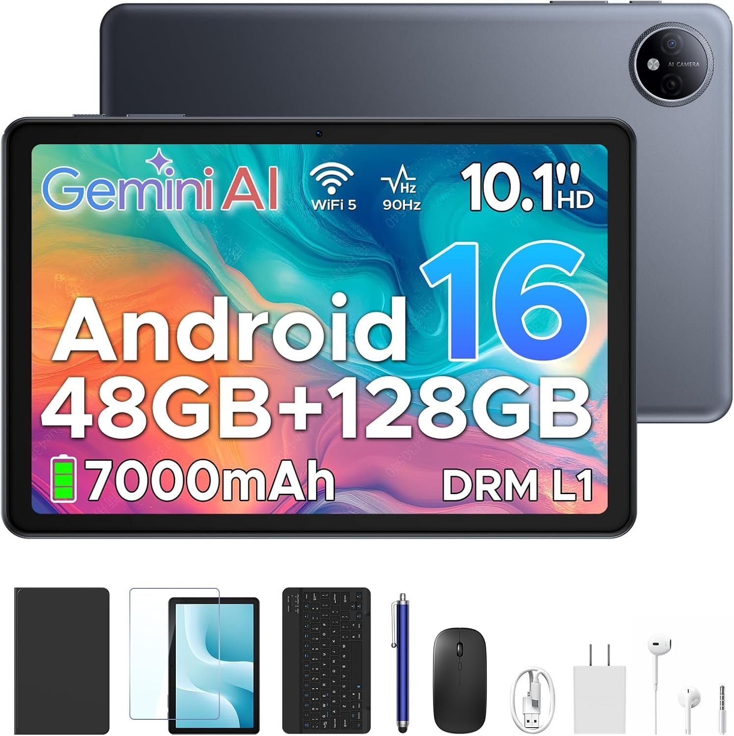 P10 Android 16 Tablet, 10 Inch Tablet, 48GB RAM+128GB ROM/2TB TF, Gemini AI, 90Hz Display, 7000mAh, OTG, 5G WiFi, Face ID, OTG, GPS, 3.5mm Jack, Widevine L1, Tablets with Keyboard