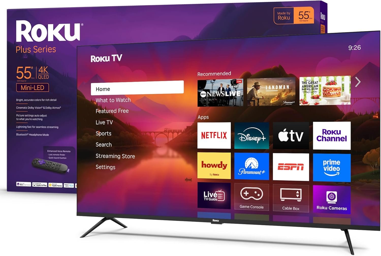 Roku 55-Inch Smart TV – Plus Series, 4K QLED Mini-LED TV – RokuTV | Enhanced Voice Remote – Flat Screen Television with Dolby Vision & Wi-Fi for Streaming Live Local News, Sports