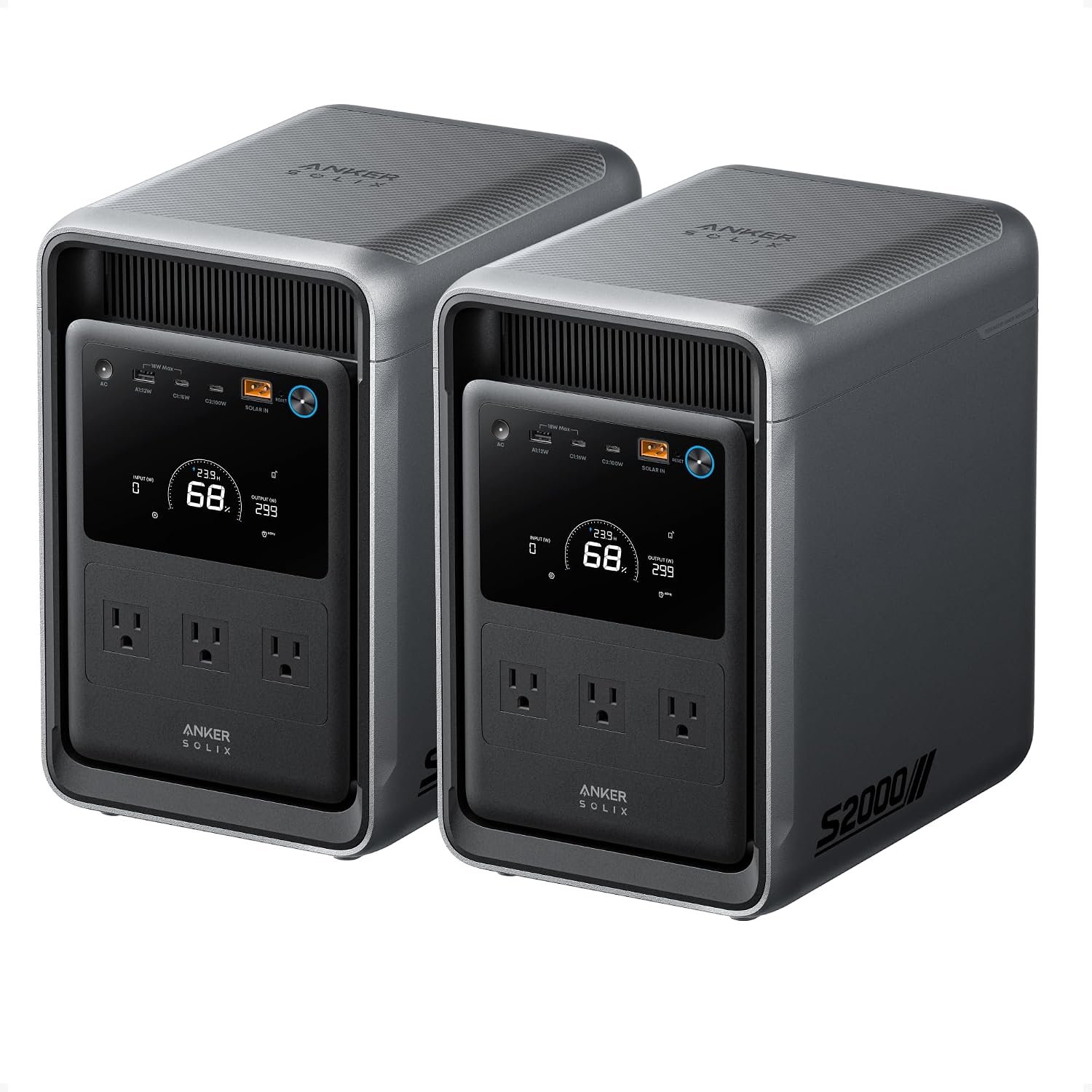 Anker SOLIX S2000 Portable Power Station (2-Pack), 4,020Wh, 1,500W | 4,020Wh LiFePO4 Battery, Up to 35-Hour Fridge Backup, 1,500W Solar Generator for Home, Outdoor, and Emergency Use