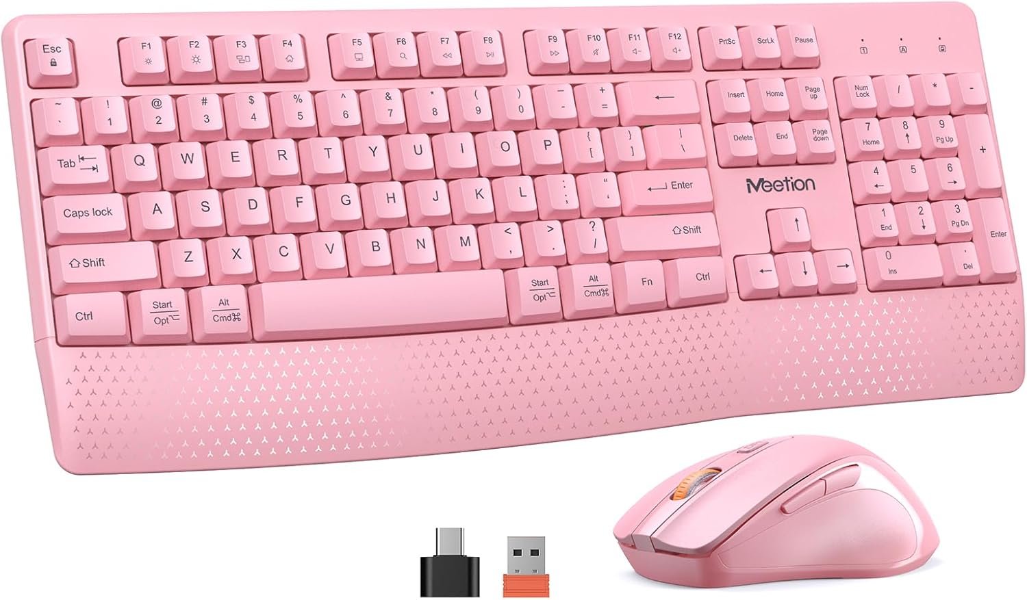 MEETION Wireless Keyboard and Mouse Combo, Full-Size with Wrist Rest, Pink | 2.4GHz USB receiver, 3 adjustable DPI mouse, comfortable typing, compatible with Windows, Mac, PCs and laptops