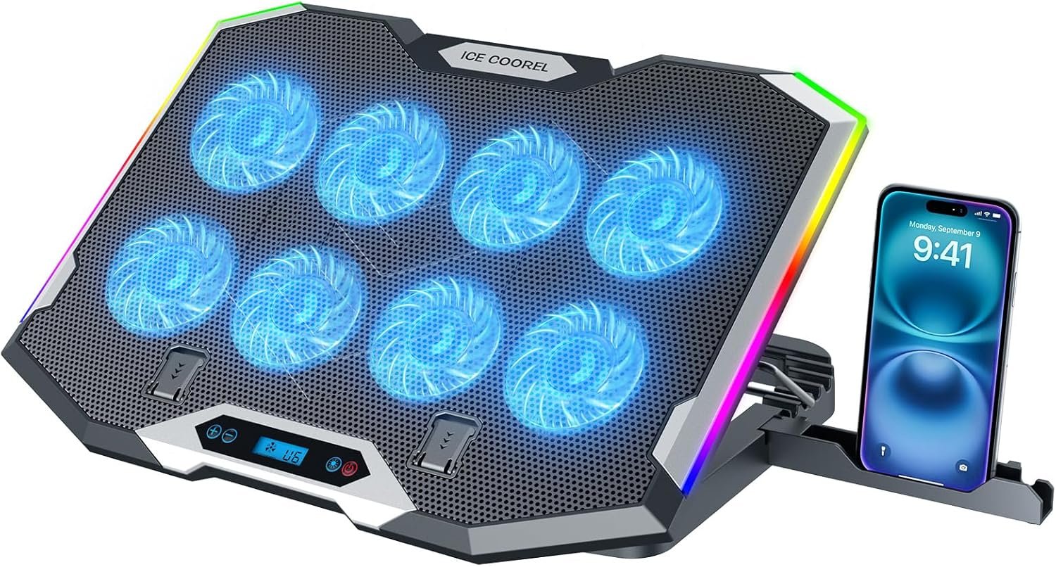 ICE COOREL Gaming Laptop Cooling Pad with 8 Cooling Fans, Laptop Fan Cooler Pad for 15-17.3 Inch, Notebook Cooler Stand with 6 Height Adjustable, RGB Cooling Pad with Two USB Port + Phone Stand