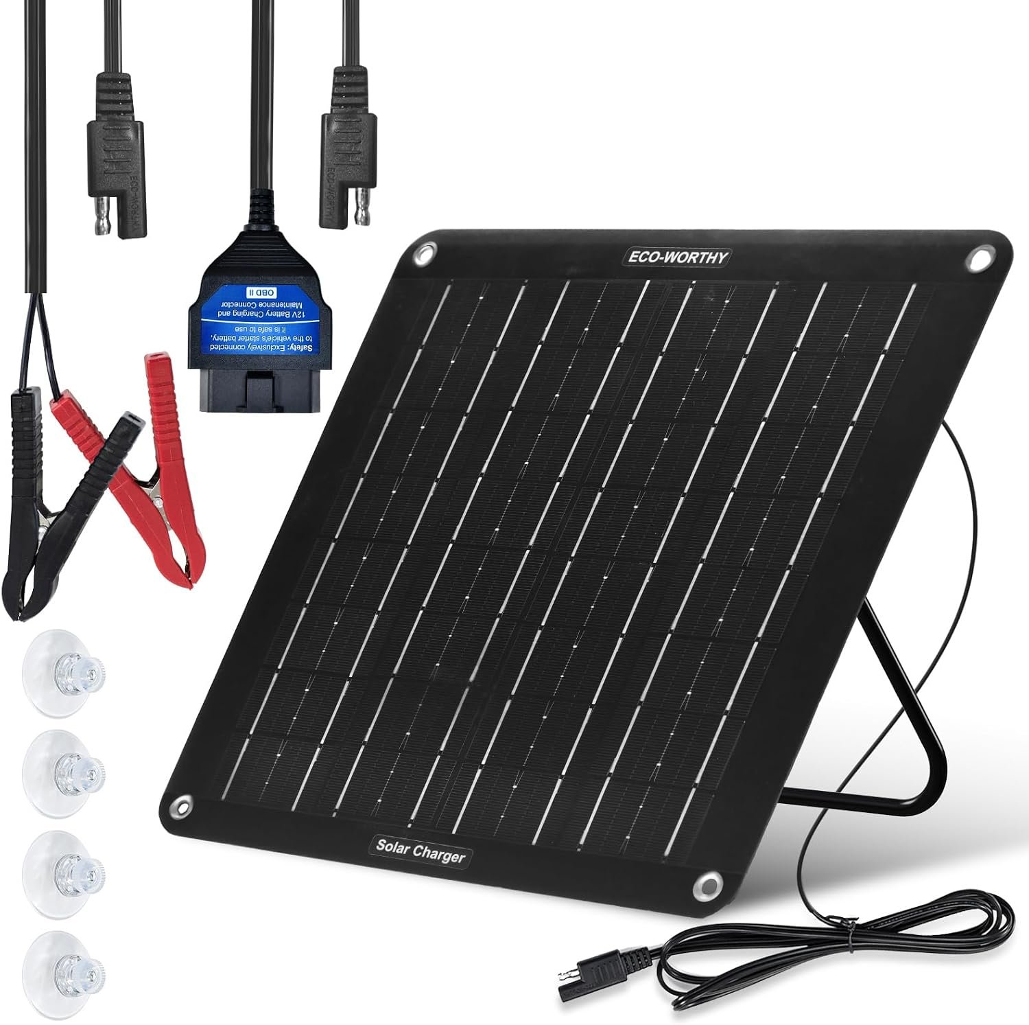 ECO-WORTHY Upgraded OBDII 10W Solar Battery Trickle Charger Maintainer-12V Waterproof Solar Panel Trickle Charger Kit with Portable Stand for Car Truck Boat Mower RV Trailer ATV Marine Battery | Waterproof solar trickle charger with OBDII· Portable· Keeps car/truck/boat/RV/ATV/marine battery charged during storage.