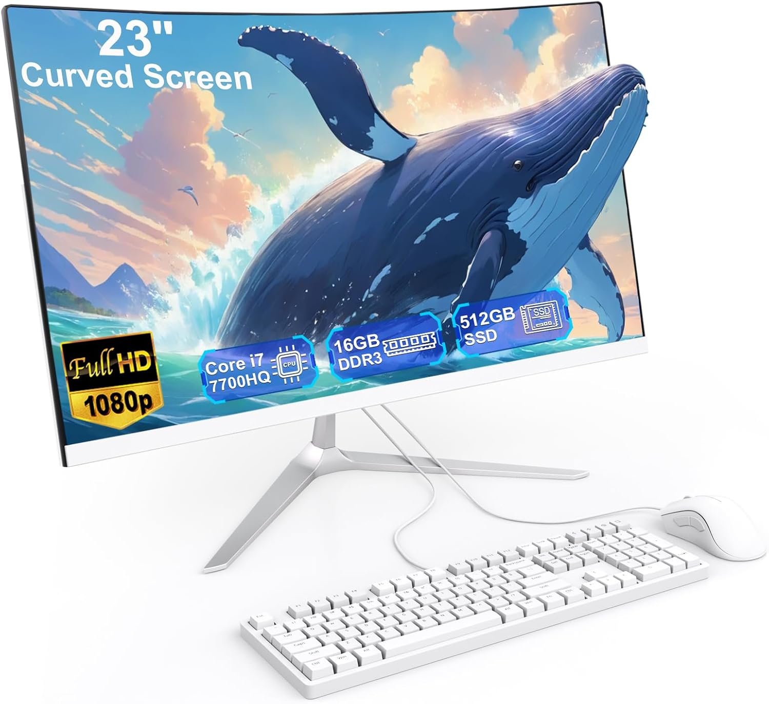 All-in-One Desktop Computer 23.8 Inch Curved Display Core i7 7700HQ(up to 3.8Ghz) 16GB RAM 512GB SSD Dual-Band WiFi Bluetooth 5.0 Complete with Wired Keyboard & Mouse