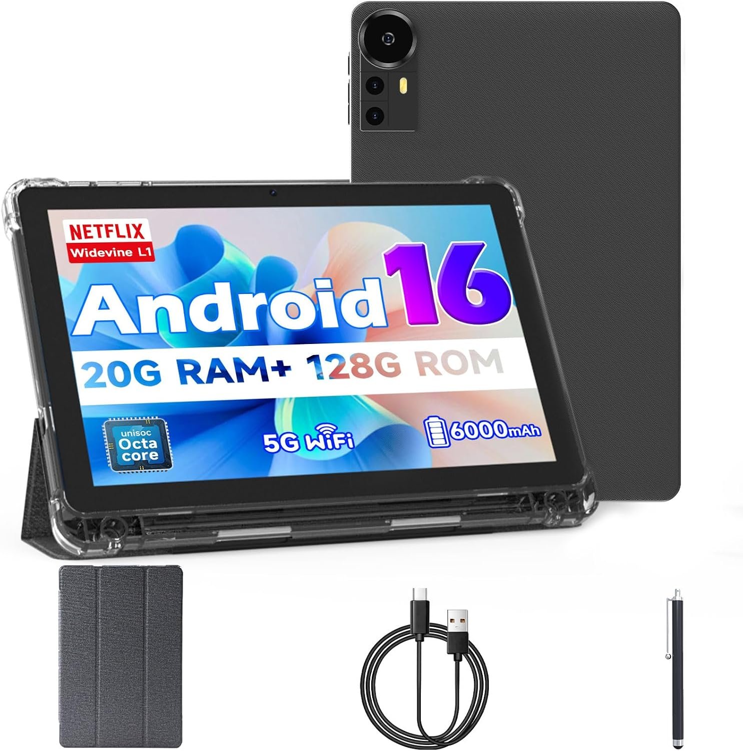 Android 16 Tablet 10 inch Tablets, 20GB RAM 128GB ROM 2TB Expand, 2.0Ghz CPU Octa-Core Processor Tablet PC with Case and Stylus, 5G WiFi6, BT5.0, 6000mAh Battery, Dual Camera, Widevine L1, GMS, Black