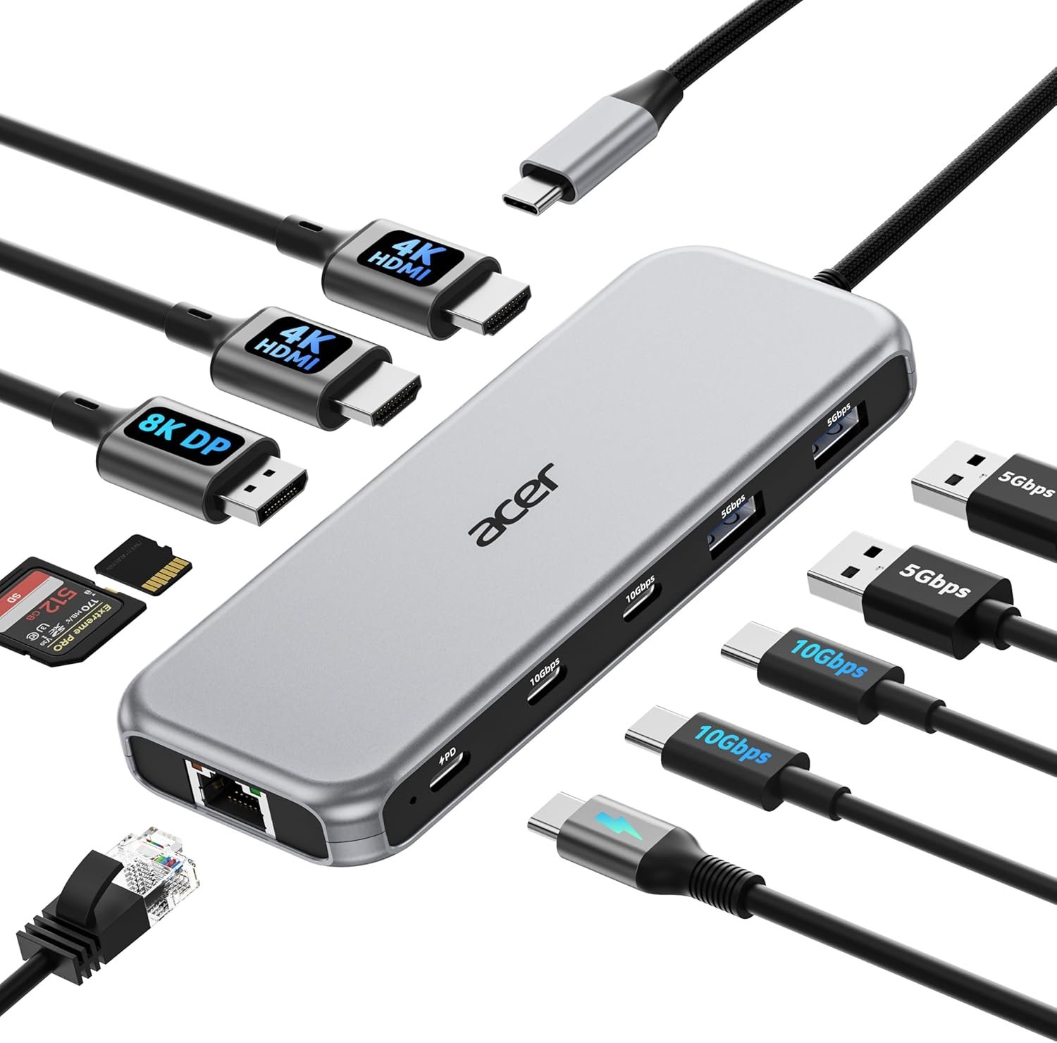 Acer Laptop Docking Station 3 Monitors, 11-in-1 USB C Docking Station with 8K DP, HDMI 4K@60Hz, 10Gbps Data, 1 Gbps Ethernet Hub, 100W Power Delivery, SD/TF, USB C Hub Multiport Adapter for Laptop