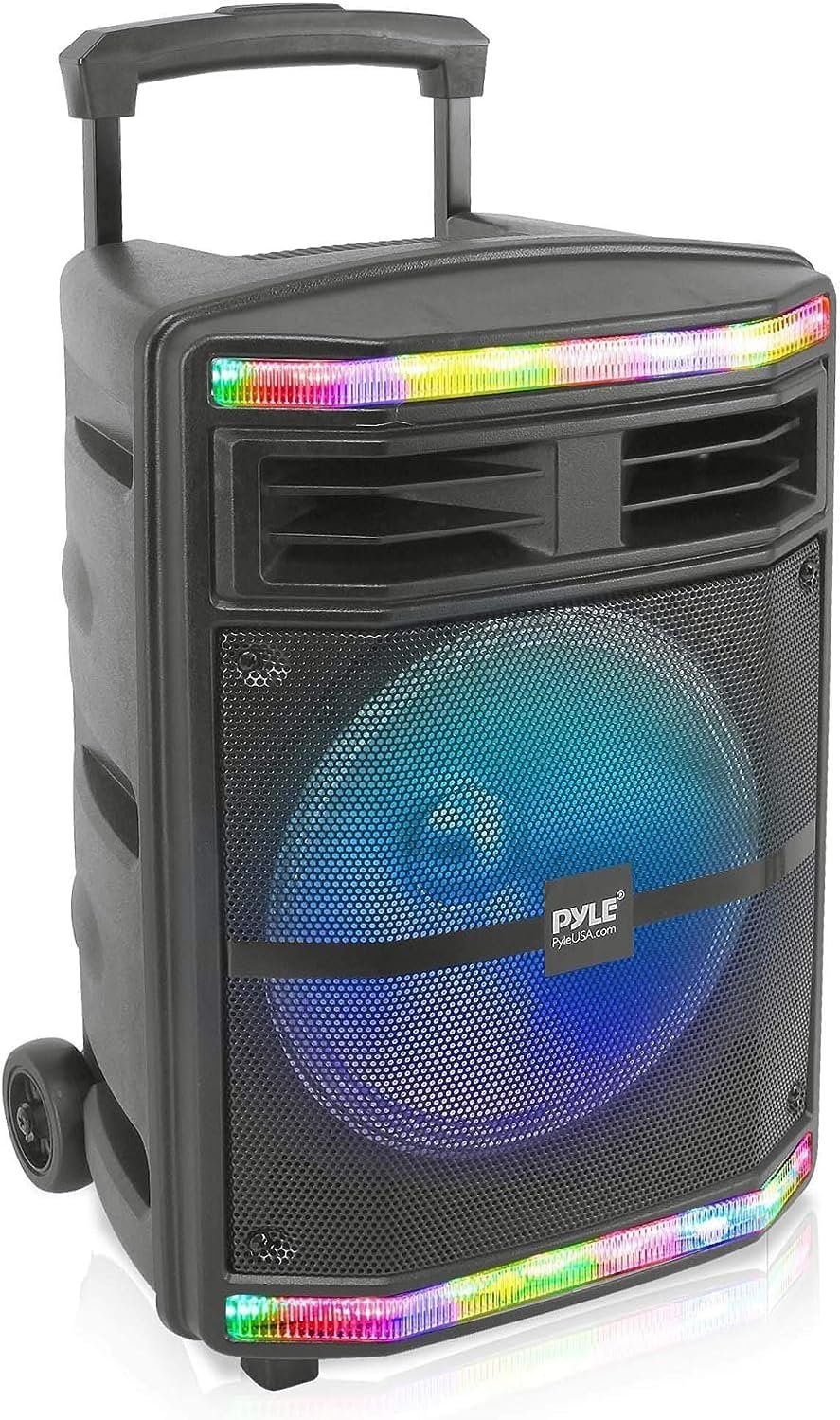 Pyle Portable Bluetooth PA Speaker System – 600W Bluetooth Speaker Portable PA System W/ Rechargeable Battery, Party Lights, MP3/USB SD Card Reader, Rolling Wheels – Pyle PPHP1044B