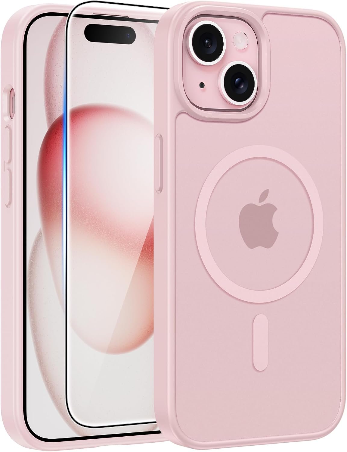 FNTCASE for iPhone 15/14/13 Case, Fit for Magsafe, Glass Screen Protector | Translucent Matte, Magnetic Phone Cases, 14FT Military Grade Drop Protection, Slim Shockproof Protective Cover, Light Pink