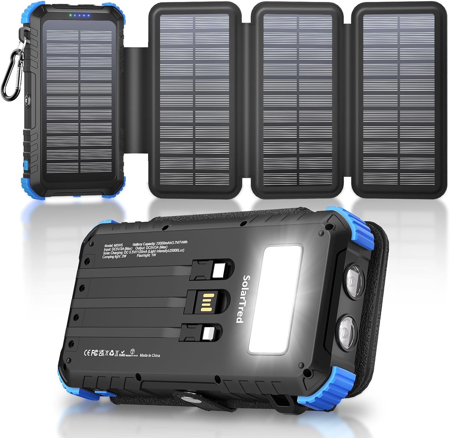 Solar Power Bank 20000mAh with 4 Panels, Portable Solar Charger with Build-in 3 Cables for iPhone, USB C in/Output 15W Fast Charging External Battery Pack with Flashlight & Camping Light