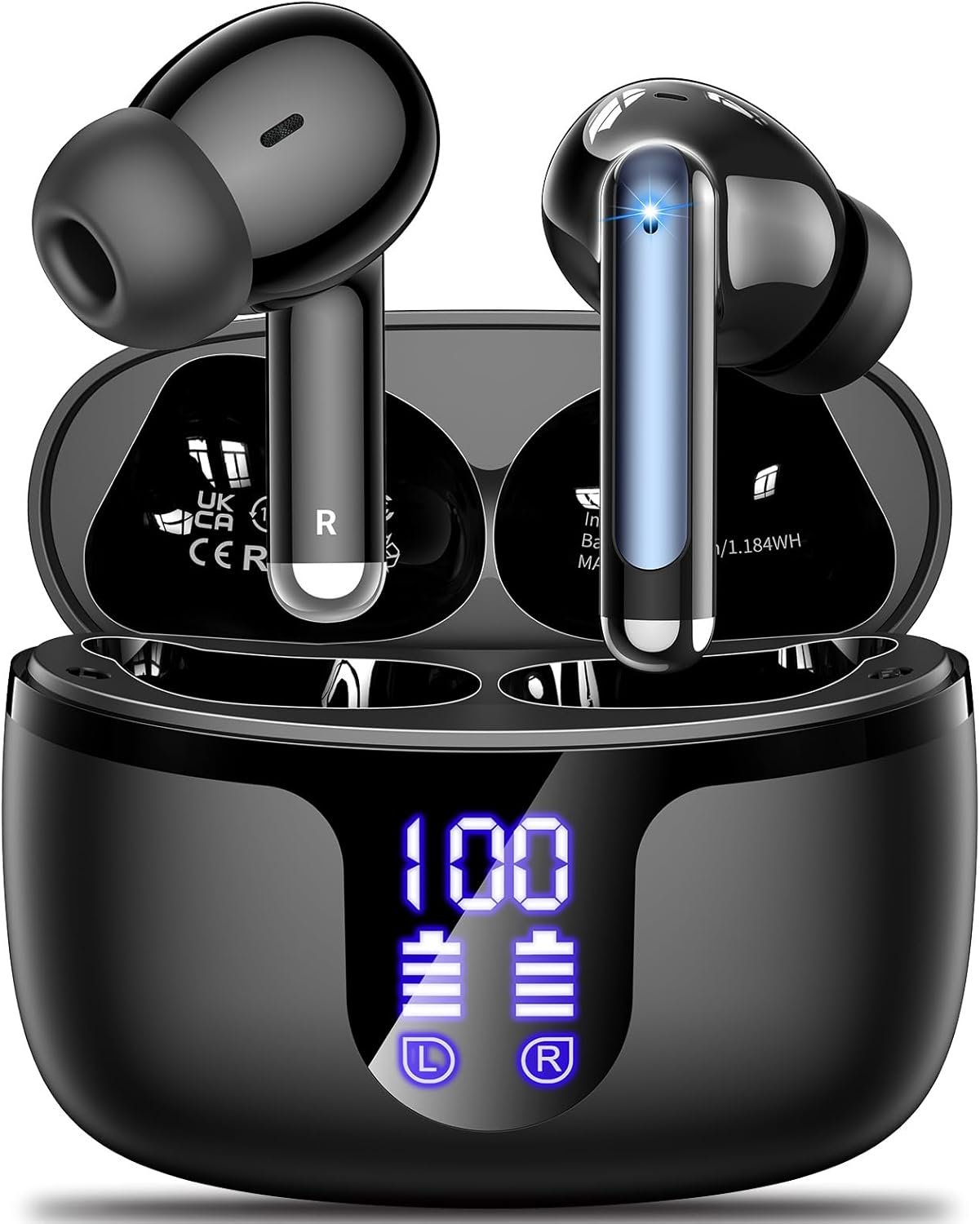 Wireless Earbuds, Bluetooth 5.4 AOVOCE Headphones with ENC Noise Cancelling Mic, LED Display 48H Playtime, IPX7 Waterproof in-Ear Bluetooth Earbuds for Sports Work Phone Laptop, for iOS Android, Black