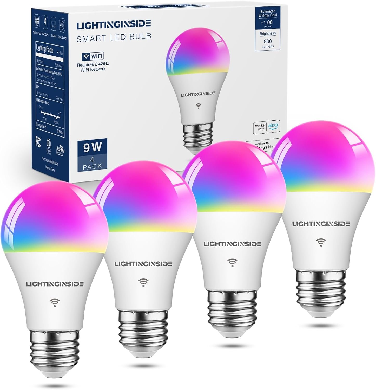 Lightinginside Smart Light Bulbs 60W Equivalent, WiFi Smart Bulb Compatible with Alexa/Google Assistant/Smart Life, A19 E26 RGBCW Color Changing, No Hub Required,2.4G WiFi, ETL Listed, 9W 800LM, 4PCS | CRI>90, No Hub Required, 60W RGBCW Color Changing Light Bulbs, 800LM 9W Smart Bulb, 2.4G WiFi & BLE A19 E26 Bulb, ETL Listed