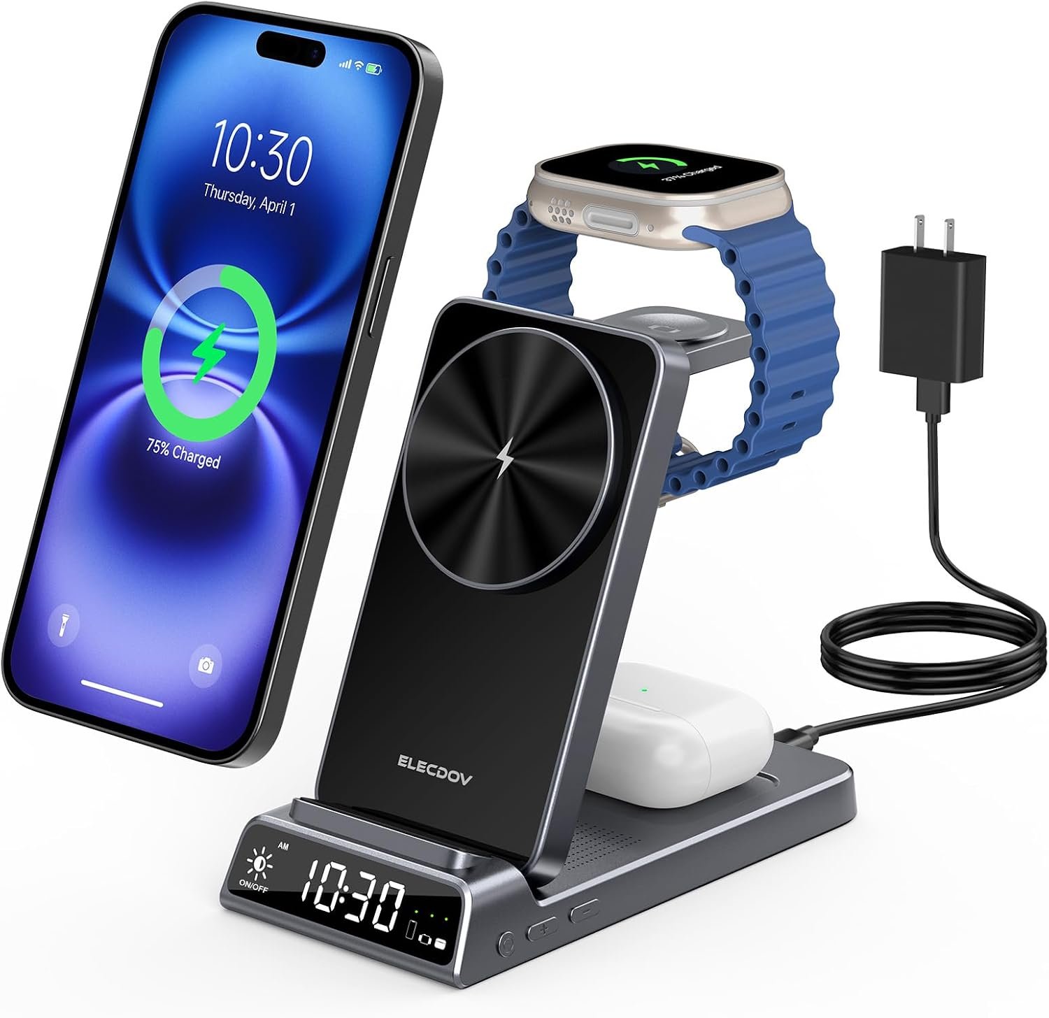 3 in 1 Charging Station for Apple, Travel Wireless Charger with Clock | ELECDOV Magnetic Charger for iPhone, Foldable Watch Charger Stand for iPhone 17/Air/16/15 Series, iWatch 10/AirPods 4 (Grey)