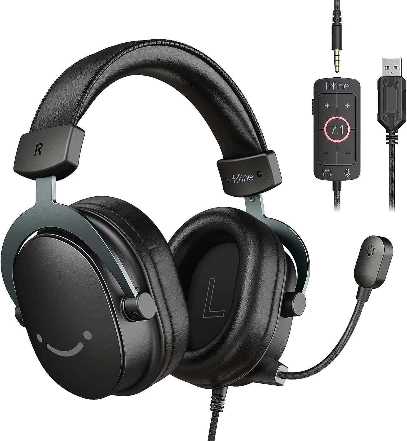 FIFINE Wired Gaming Headset, Gamer Headset with 3.5mm and USB Dual Connectivity, 7.1 Surround Sound, Tuned 50mm Drivers, Detachable Mic, Over-Ear Headphones for PC/PS5/Xbox, Black-AmpliGame H9 | 50mm Drivers, 7.1 Surround Sound, Lightweight, Soft Ear Cusion, Detachable Boom Mic, USB Control Box, for PC, Xbox, PS4/5