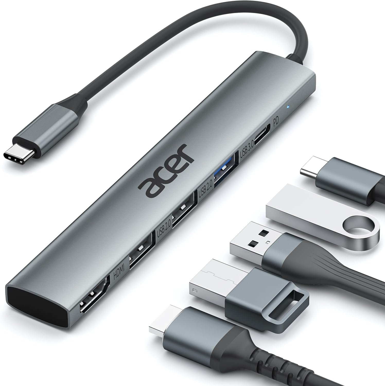 Acer 5 in 1 USB C Hub with 4K HDMI, 100W Power Delivery, 3 USB A Data Ports | USB C to HDMI Multiport Adapter for Laptop, PC, Tablet, MacBook Neo/Pro/Air, iPad Pro/Air, iMac, iPhone 17/16/15