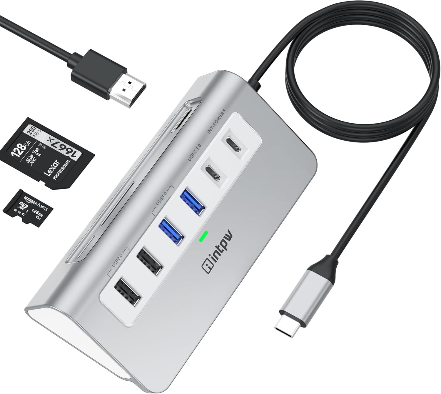 intpw USB C Hub, P9 USB C Hub Multiport Adapter with 4K HDMI, PD 100W, Type-C & 2 USB A 3.0 5Gbps, 2 USB A 2.0, SD/TF Card Reader, Aluminum USB Hub for Laptop, iPhone 17 Series, MacBook, iPad