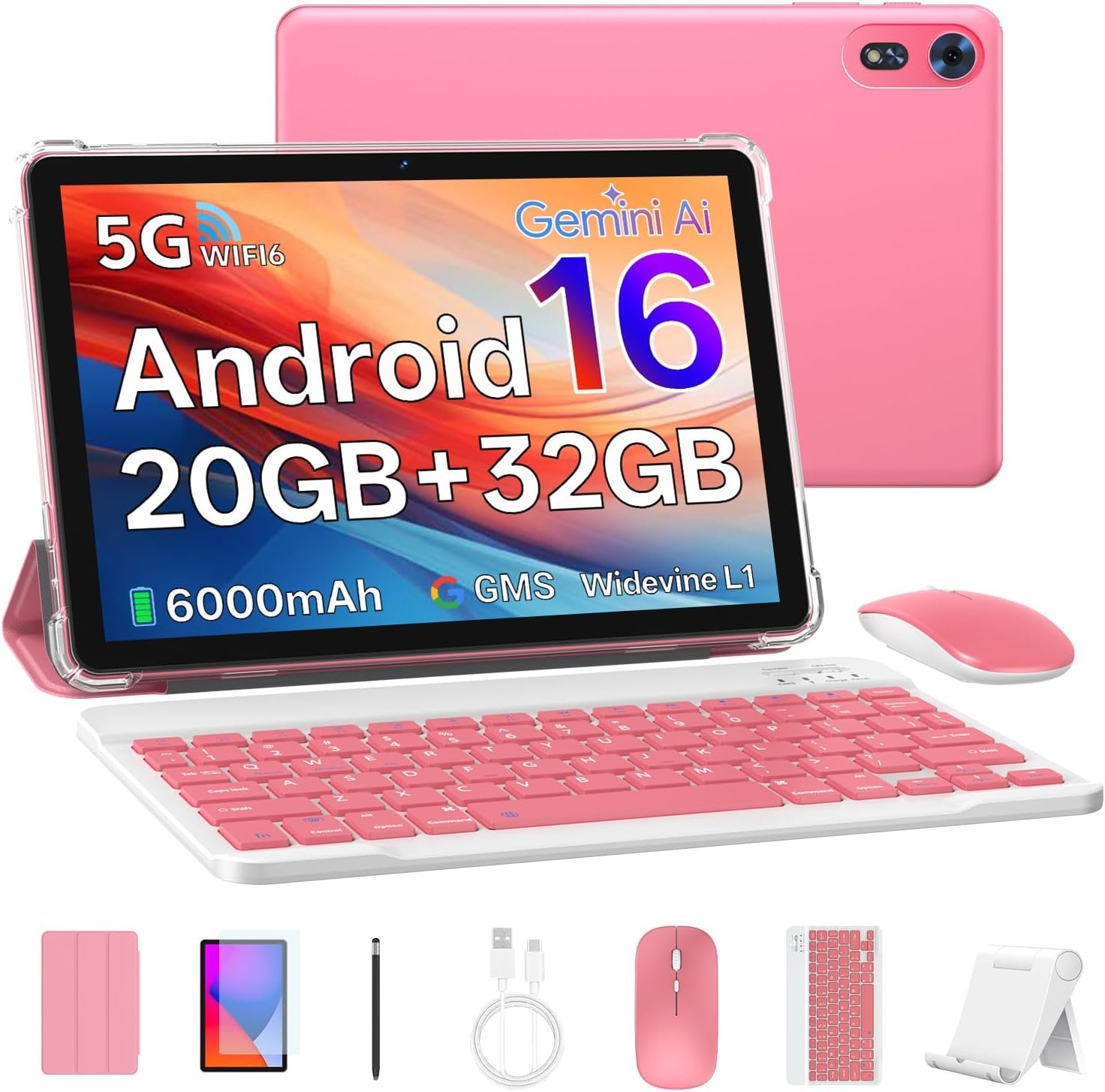 Tablet 10 Inch, Android 16 Tablet with Keyboard, 20GB RAM + 32GB, Pink | 1280 x 800 HD IPS, 6000mAh, WiFi 6, BT 5.4, Dual Camera, Mouse, Stylus, 2-in-1 for Study and Travel