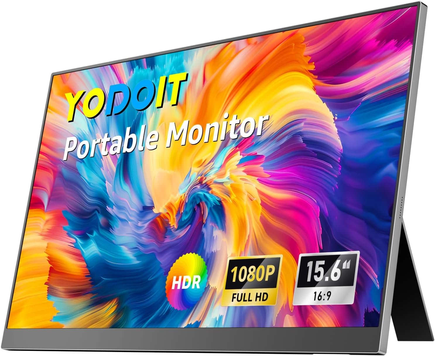 Yodoit Portable Monitor for Laptop, 15.6″ 1920×1080 FHD IPS Travel Screen Display with Built-in Adjustable Stand Dual Speakers for MacBook PC Xbox (Black)
