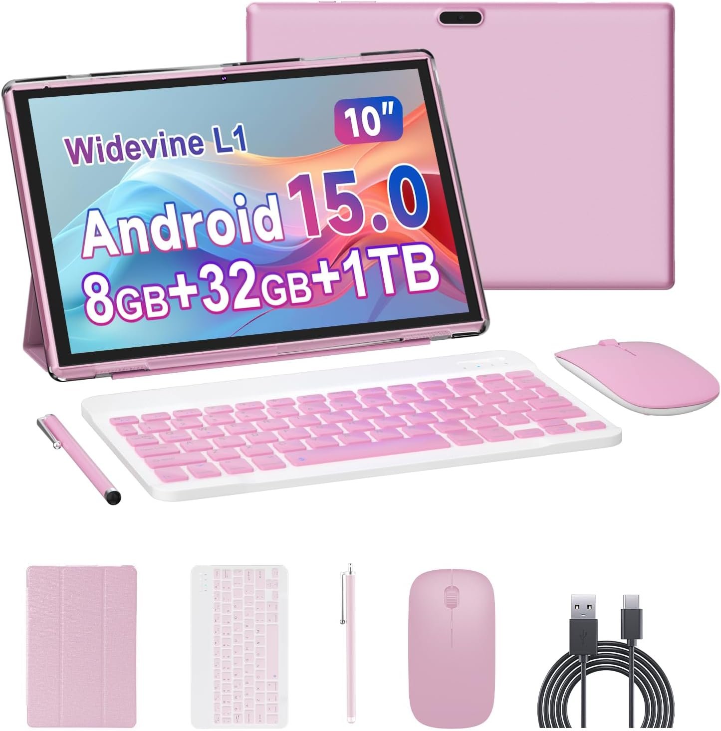 10 inch Tablet 2 in 1 Android 15 Tablets with Keyboard, 10″ Tabletas Include Mouse Keyboard Stylus Case, 6000mAh 8GB RAM 32GB ROM Support 1TB Expandable Tableta Dual Camera 5G WiFi-6 Bluetooth Tablet