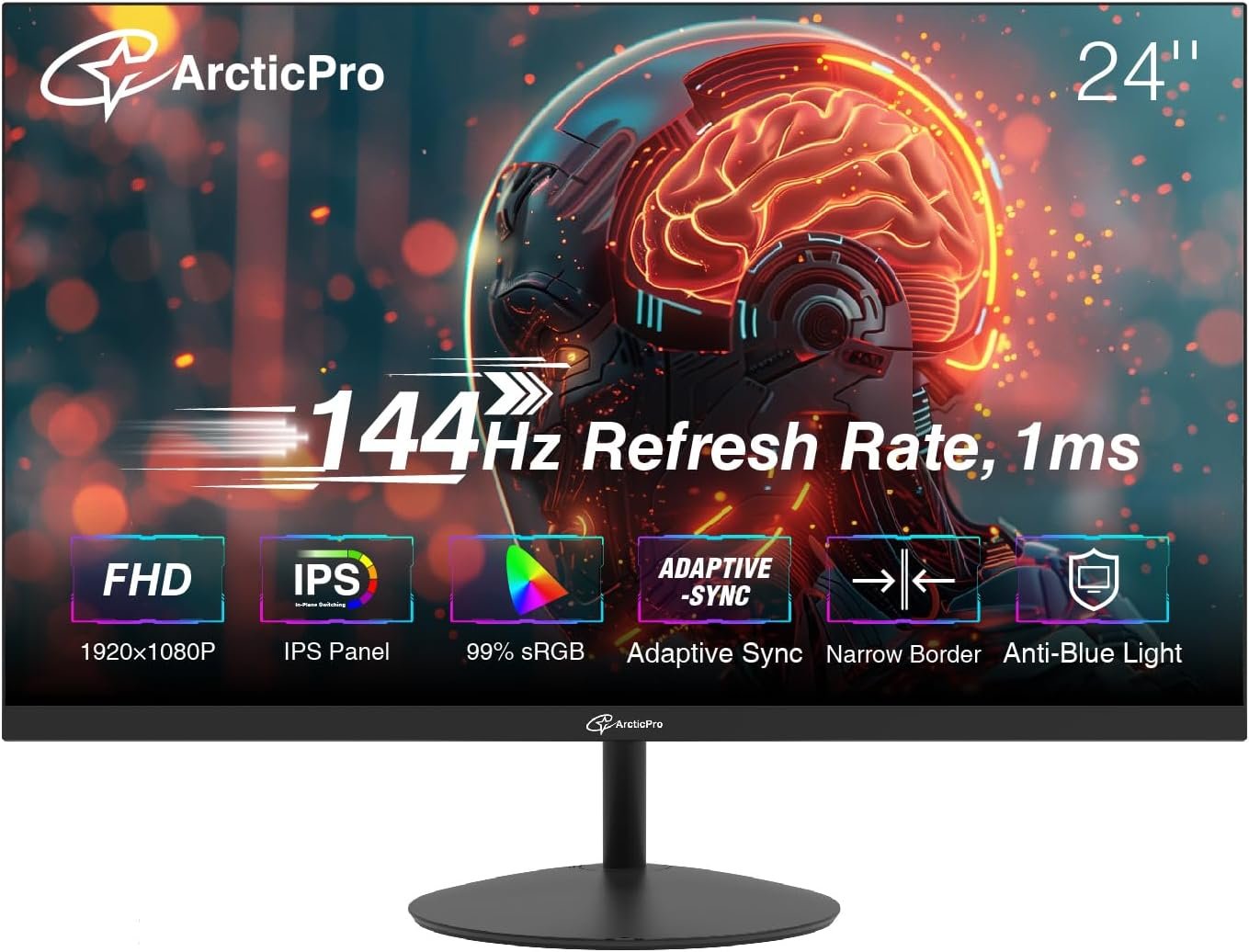 ArcticPro 24 Inch Gmaing Monitor 144Hz, FHD 1080p Computer Monitor, IPS | Adaptive Sync, 110% sRGB, 1ms, 3-Sided Frameless, Ultra Slim, VESA, Anti-Blue Light Design, HDMI, DP